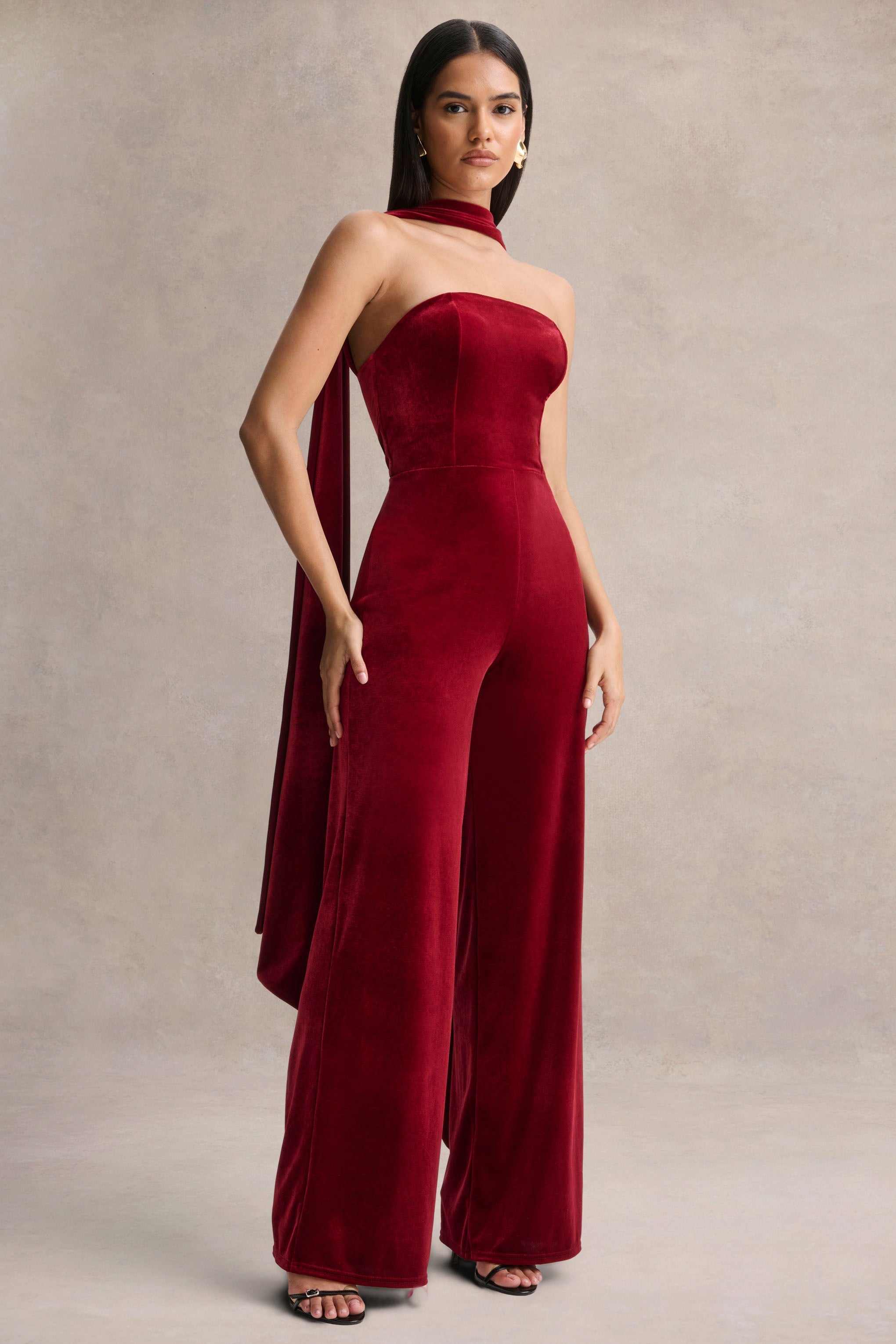 Arcane | Burgundy Velvet Bandeau Jumpsuit With Scarf