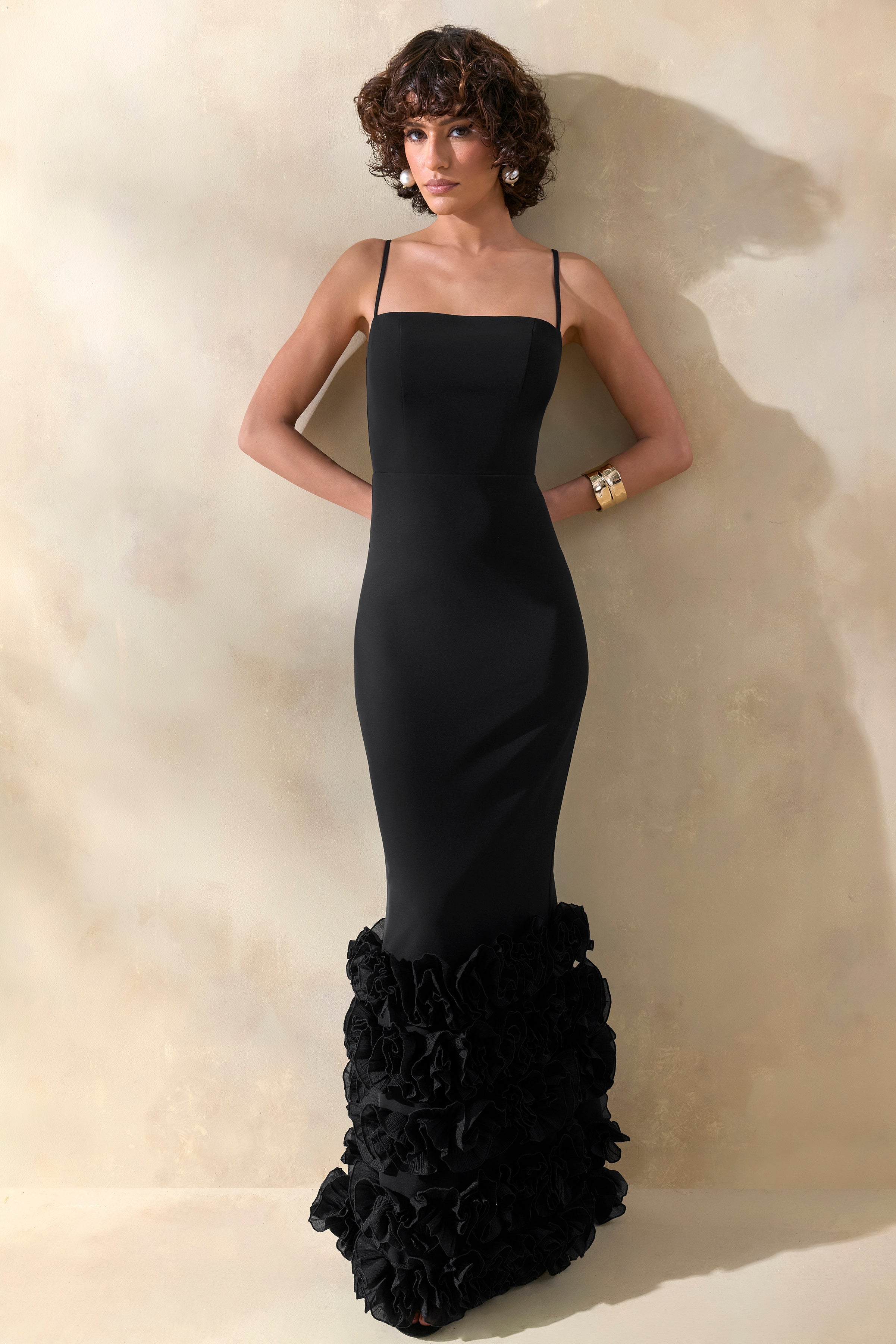 Aurose | Black Square-Neck Maxi Dress With Ruffled-Fishtail