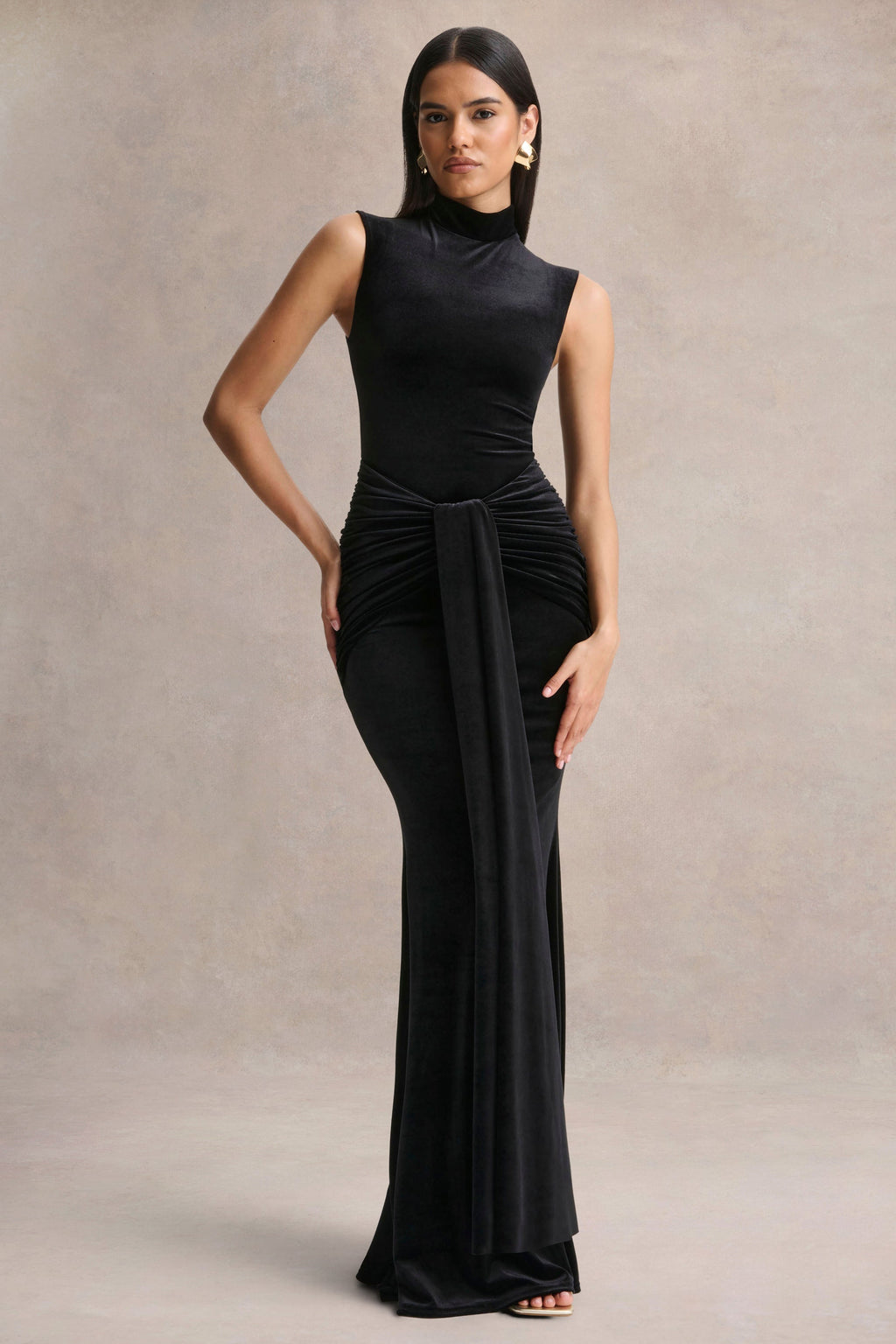 Idalina | Black Velvet High-Neck Maxi Dress With Gathered-Detailing