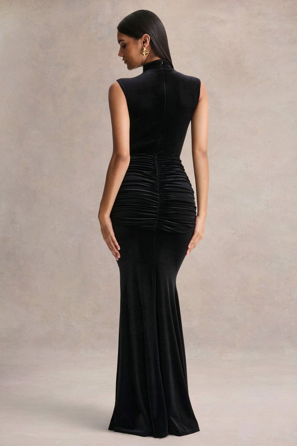 Idalina | Black Velvet High-Neck Maxi Dress With Gathered-Detailing