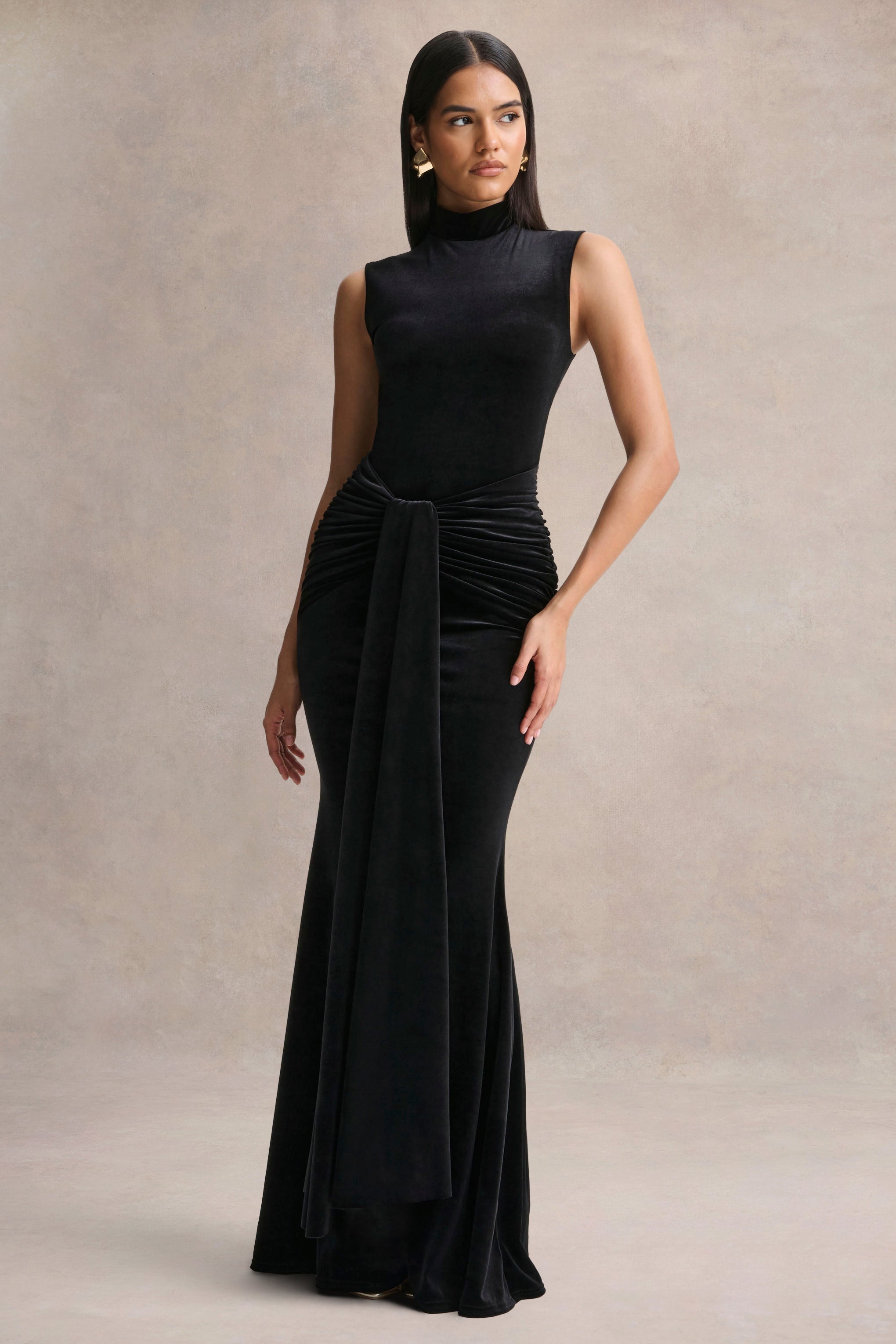 Idalina | Black Velvet High-Neck Maxi Dress With Gathered-Detailing