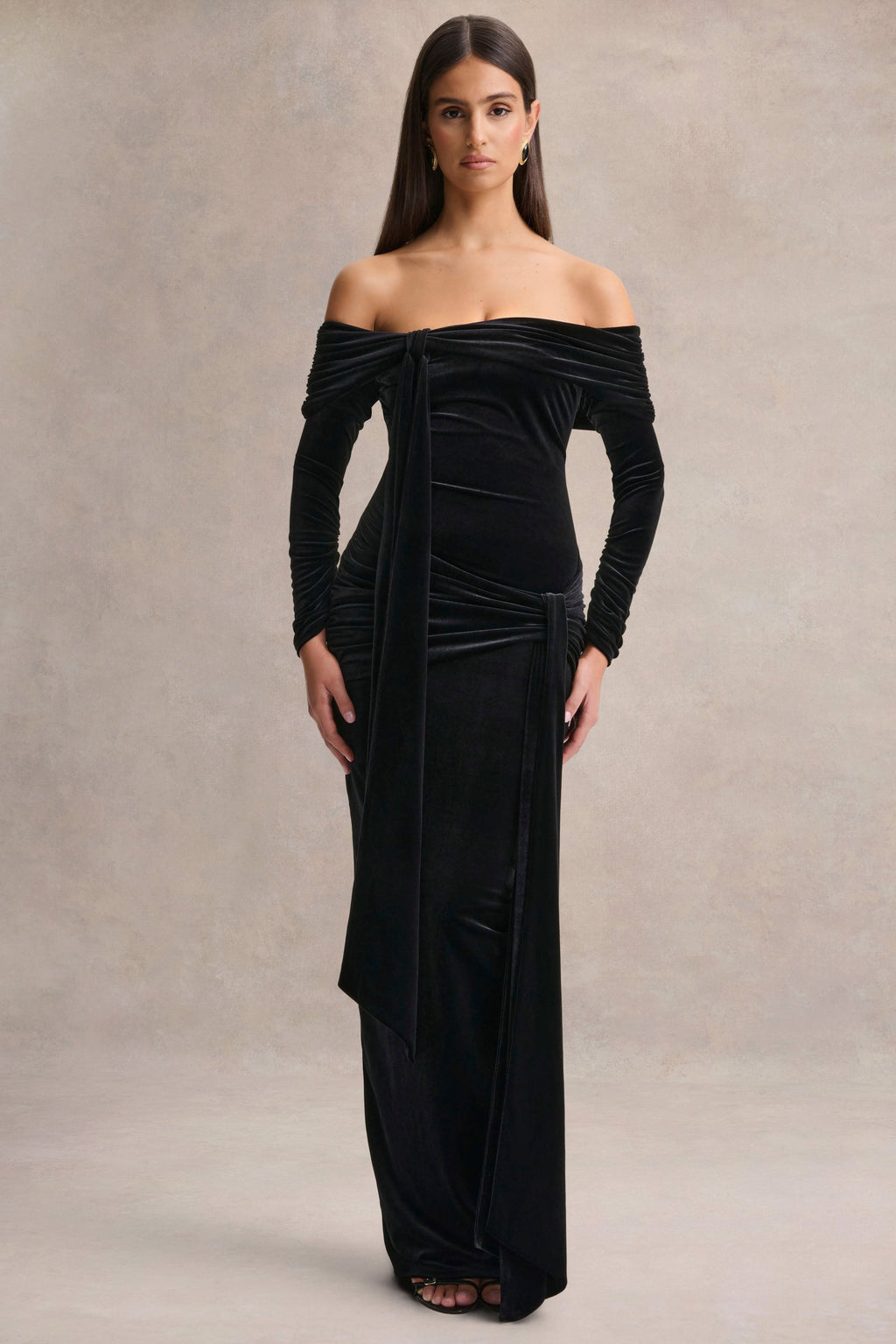 Jessara | Black Bardot-Neck Maxi Dress With Knot-Details