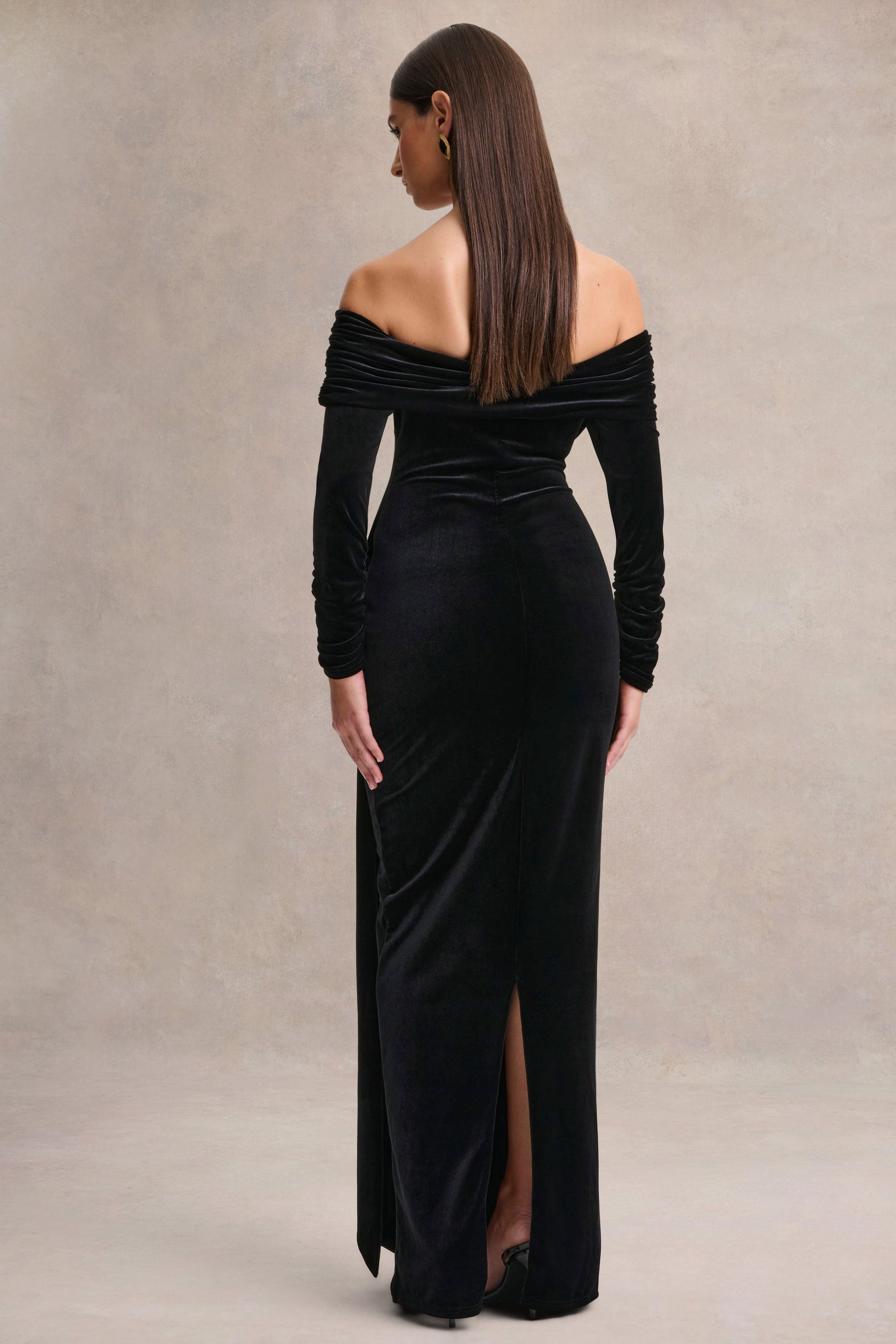 Jessara | Black Bardot-Neck Maxi Dress With Knot-Details