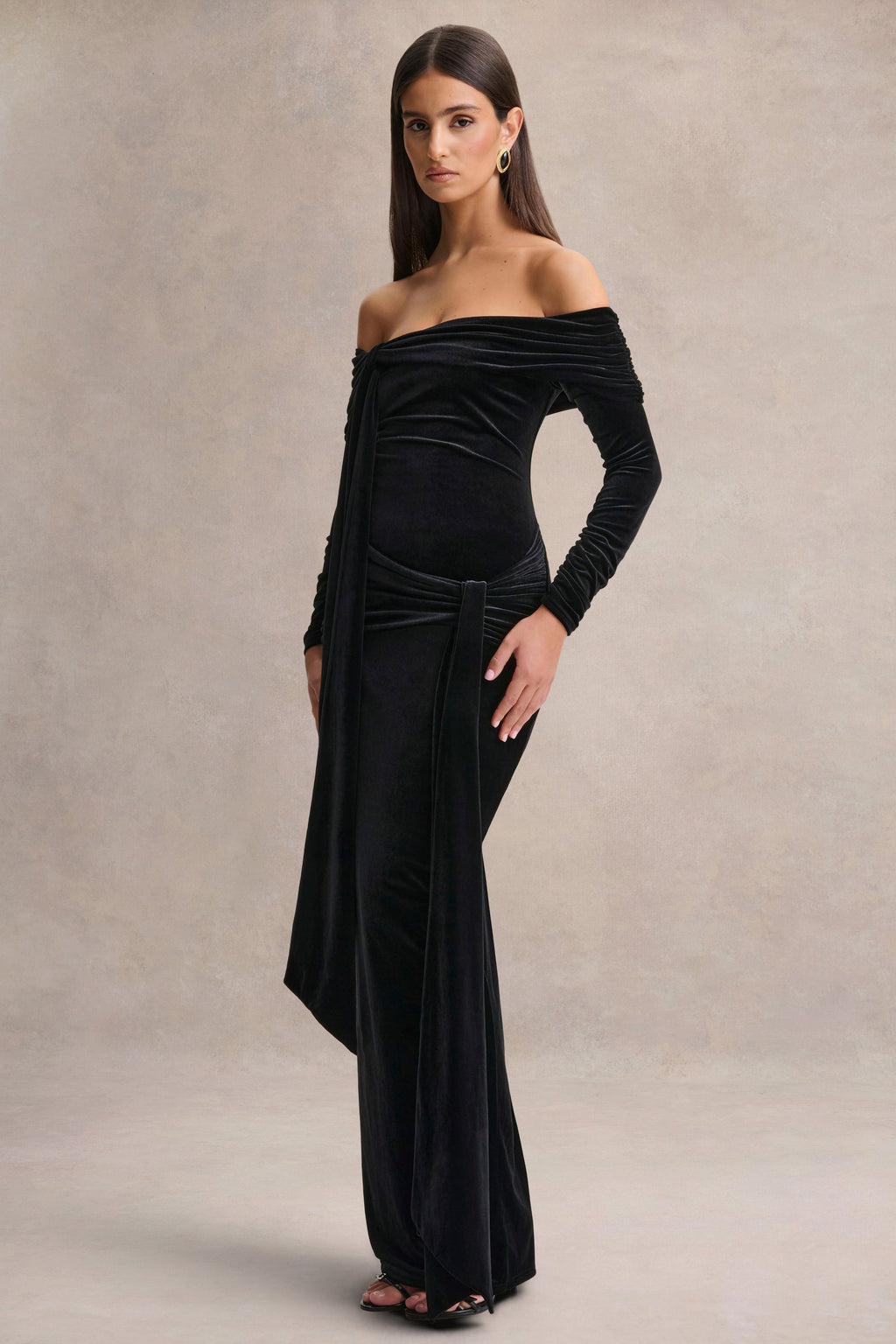 Jessara | Black Bardot-Neck Maxi Dress With Knot-Details