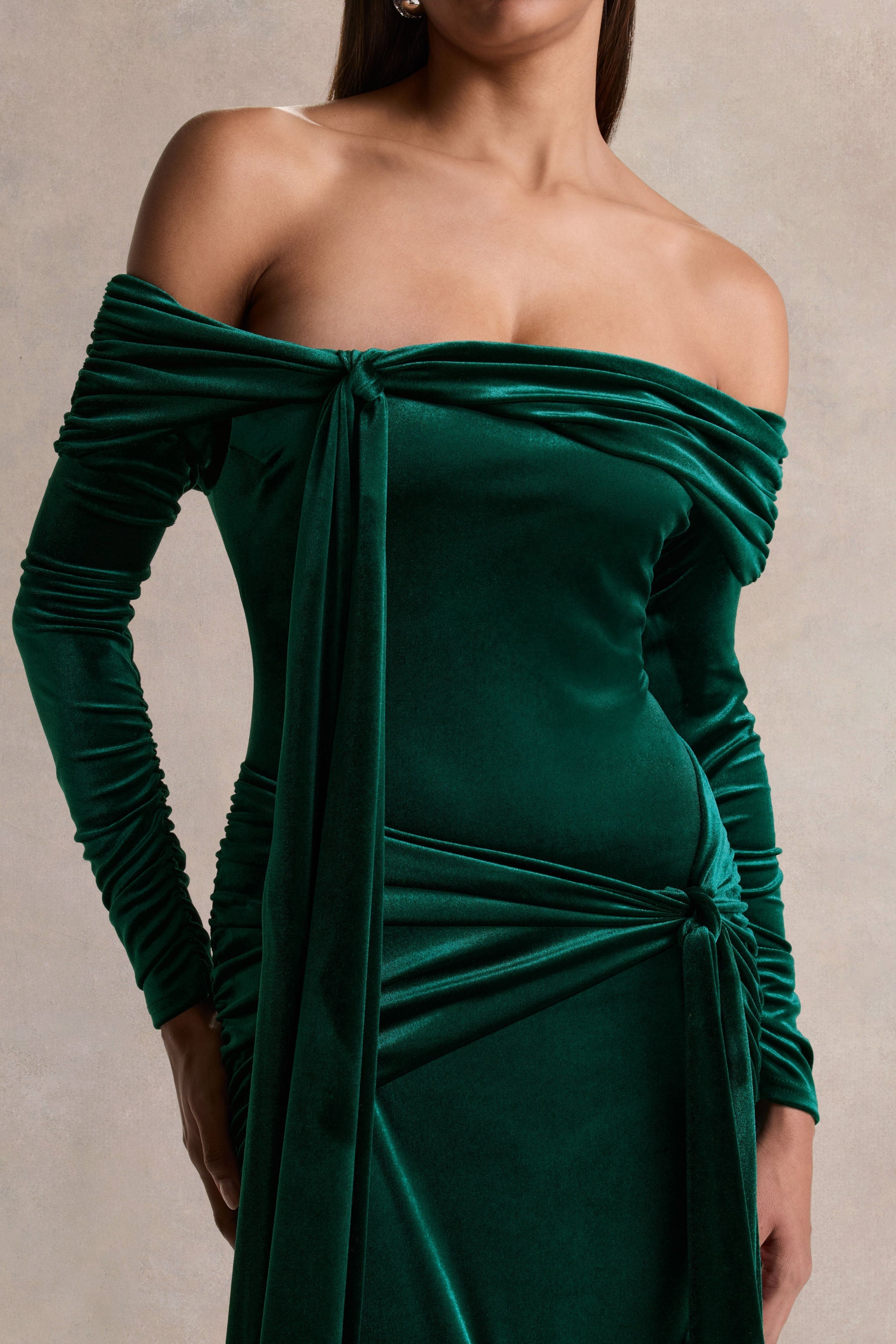 Jessara | Bottle Green Bardot-Neck Maxi Dress With Knot-Details