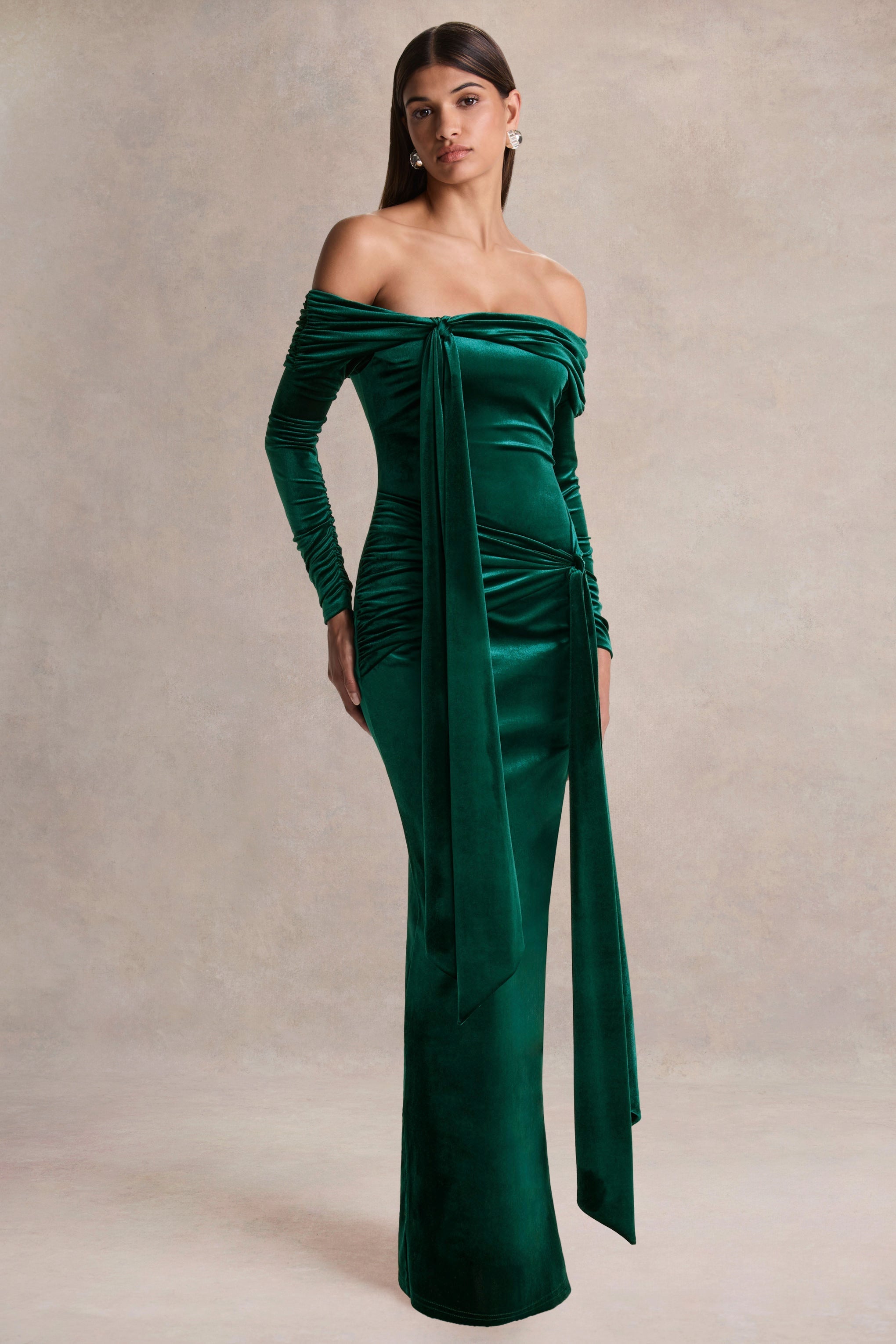 Jessara | Bottle Green Bardot-Neck Maxi Dress With Knot-Details