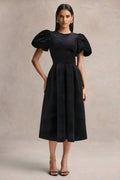 Seraphic | Black Velvet Puff-Sleeve Midi Dress