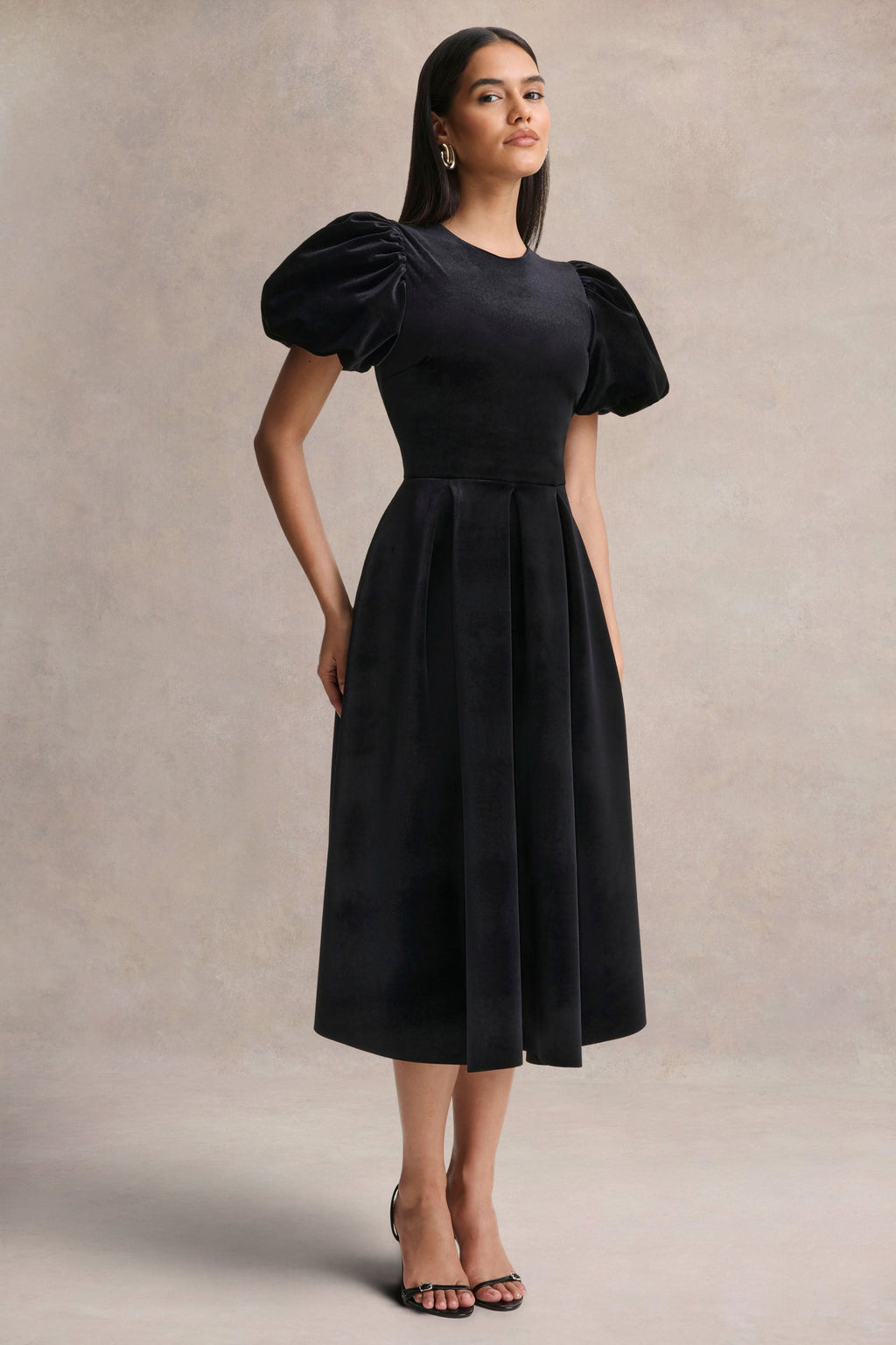 Seraphic | Black Velvet Puff-Sleeve Midi Dress