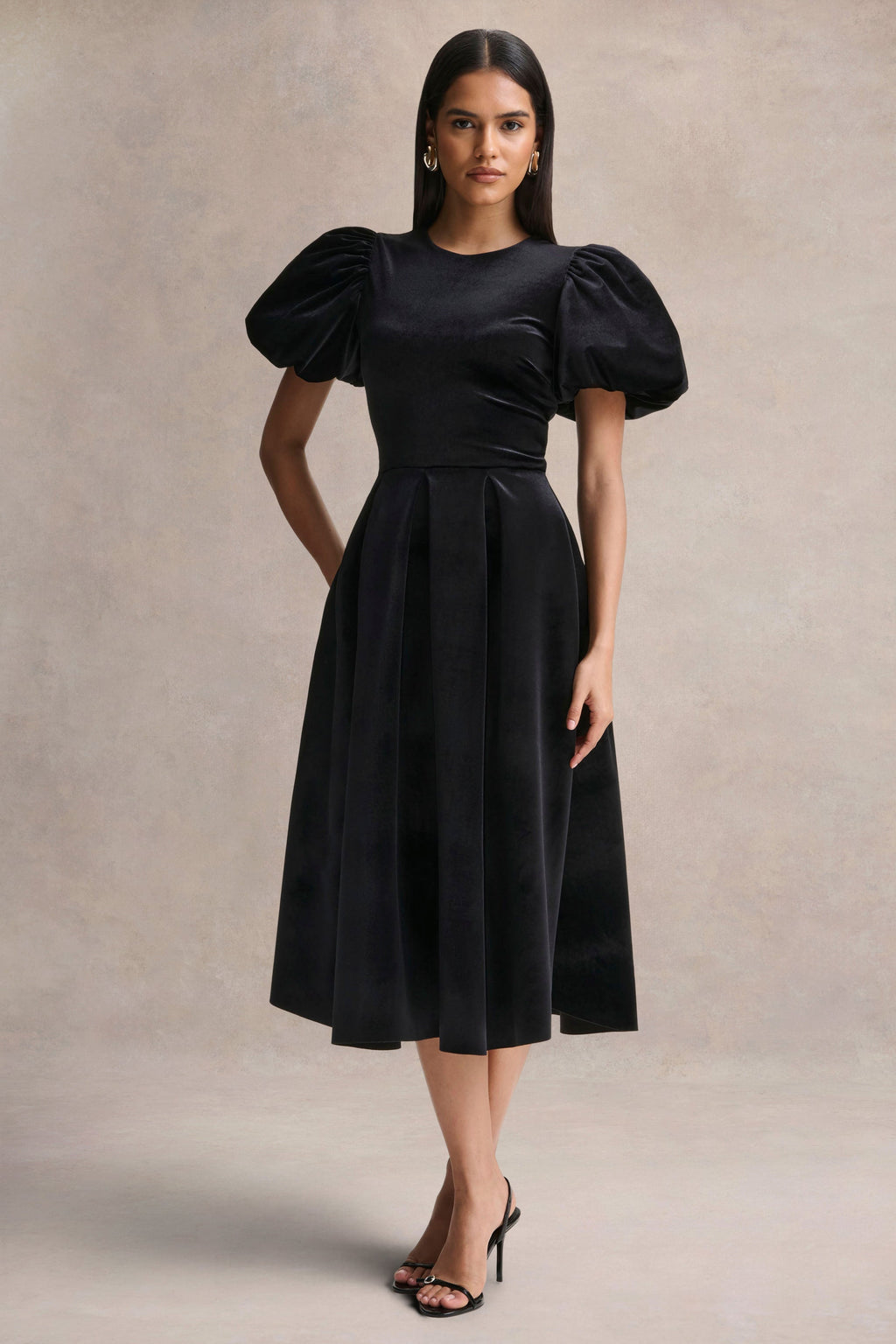 Seraphic | Black Velvet Puff-Sleeve Midi Dress