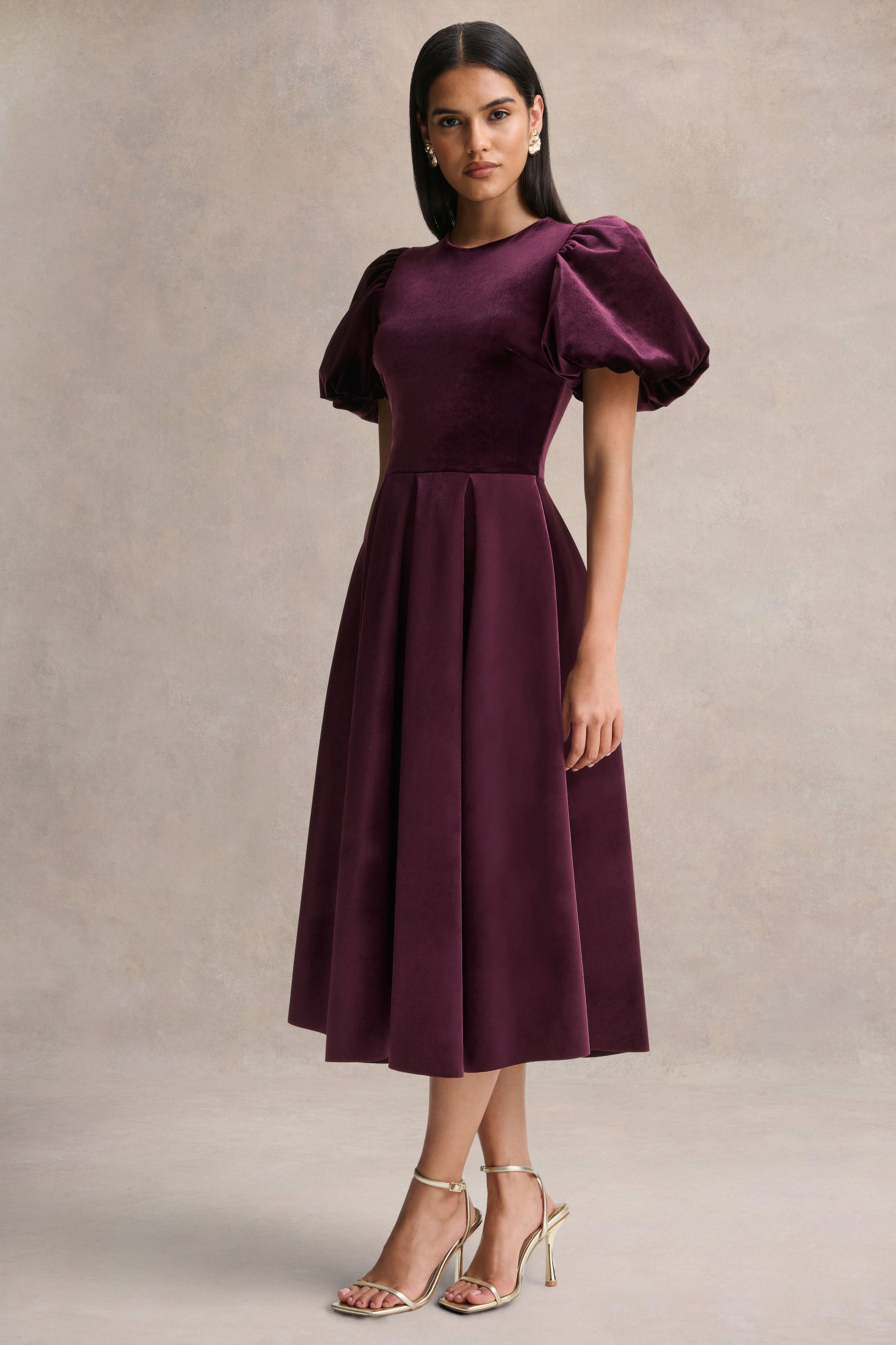 Seraphic | Burgundy Velvet Puff-Sleeve Midi Dress