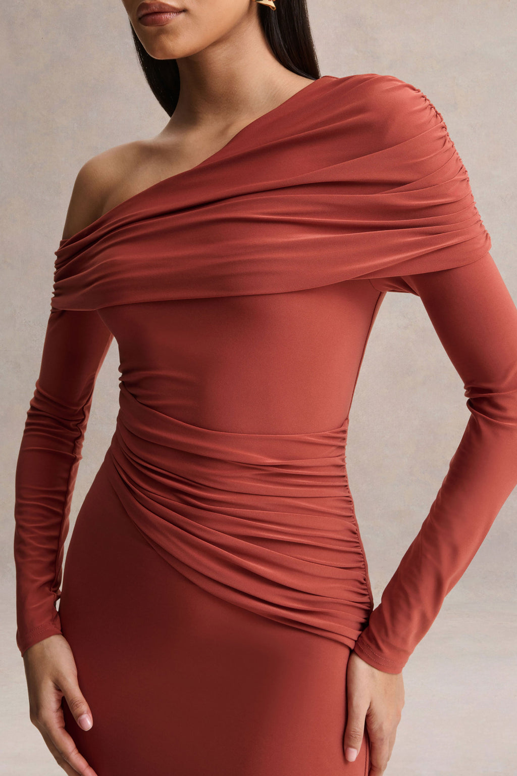 Elliora | Rust Asymmetric-Neck Midi Dress