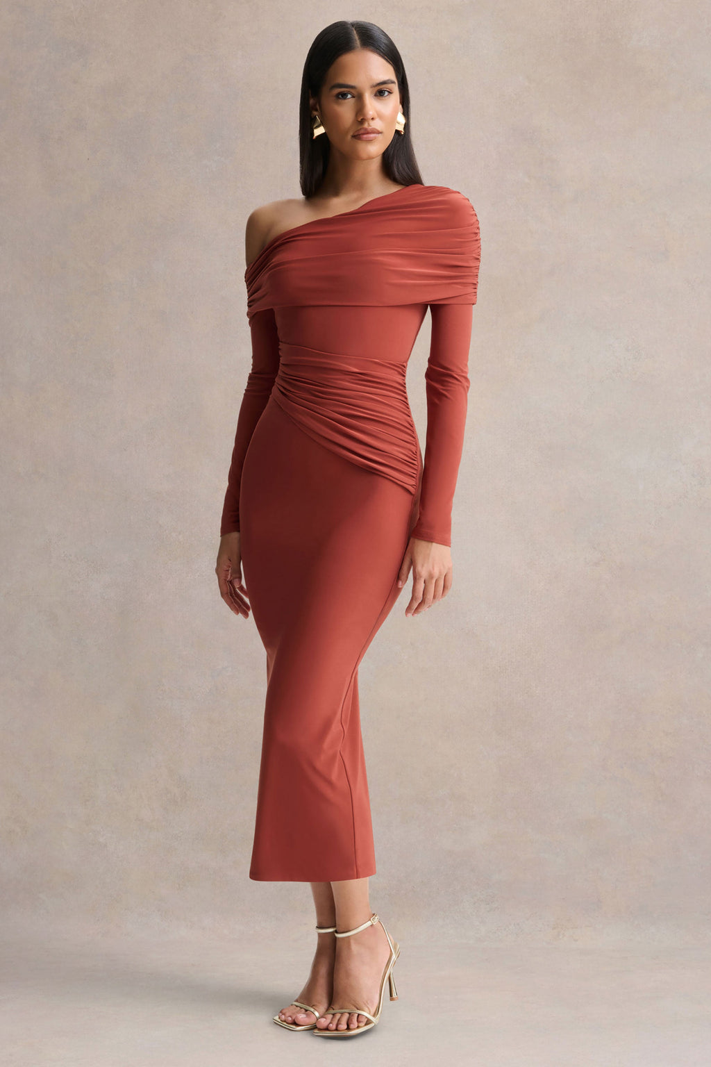 Elliora | Rust Asymmetric-Neck Midi Dress