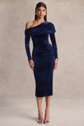 Eirene | Blue Velvet Asymmetric-Neck Midi Dress