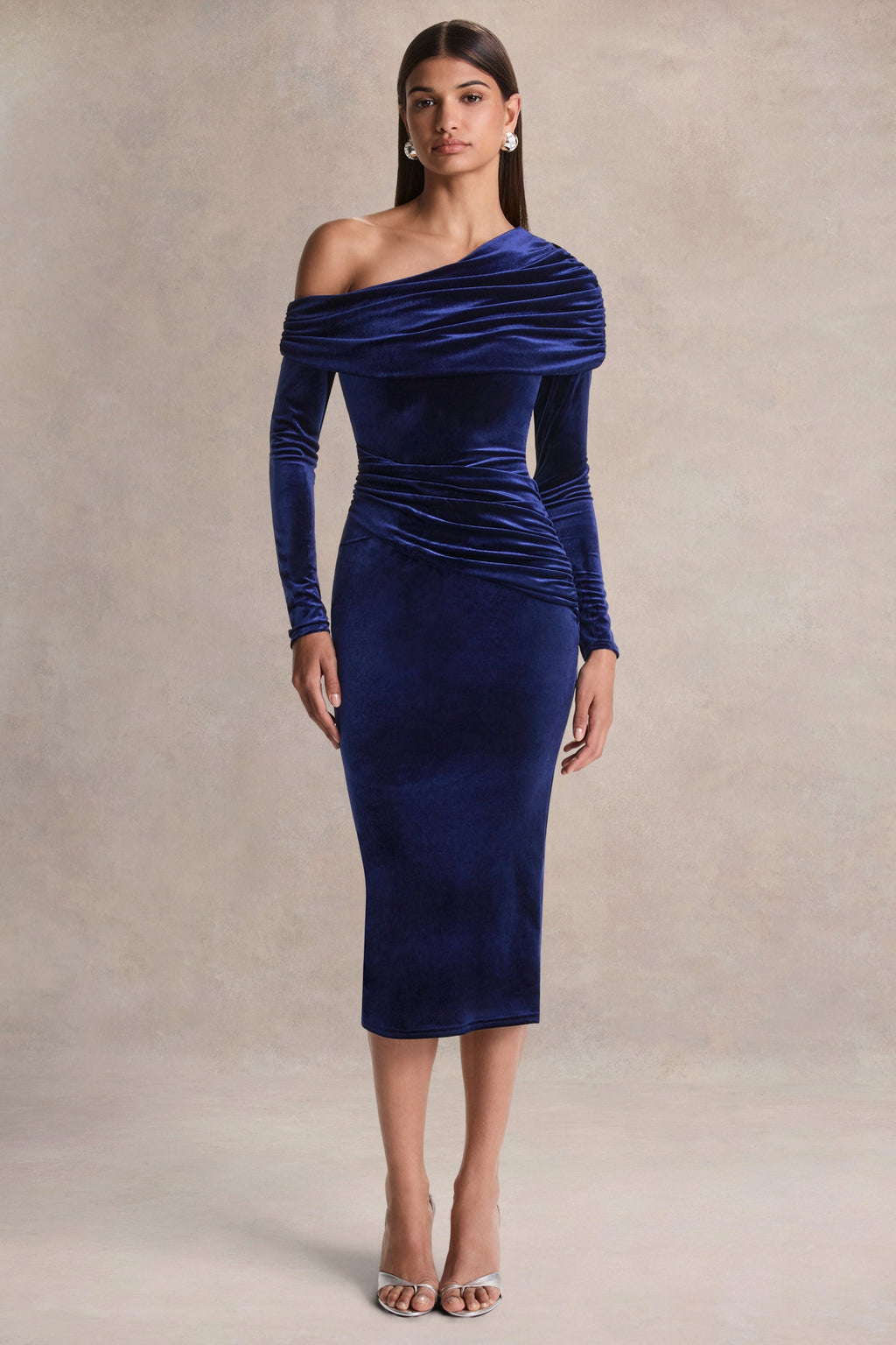 Eirene | Blue Velvet Asymmetric-Neck Midi Dress