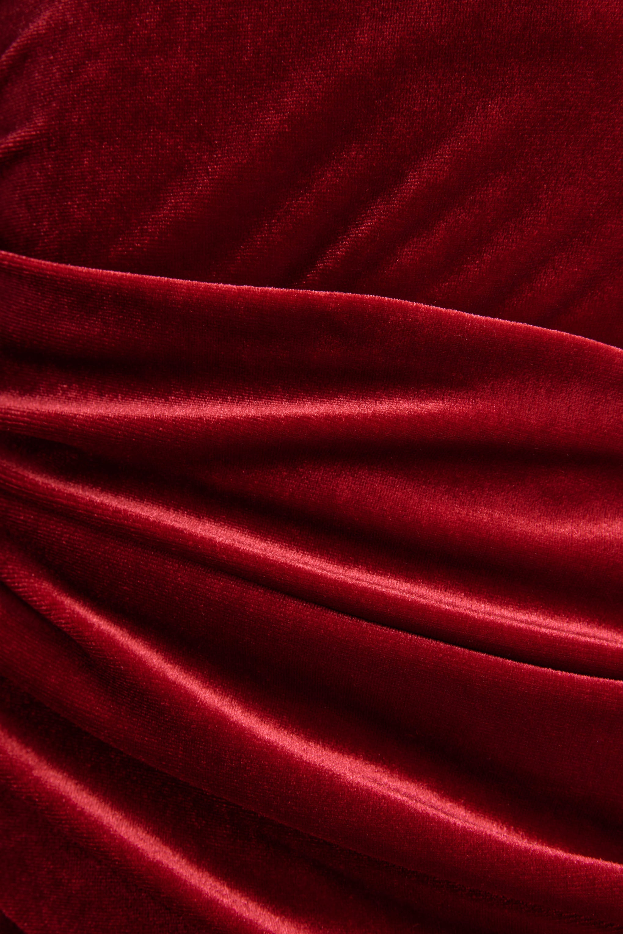 Eirene |  Red Velvet Asymmetric-Neck Midi Dress
