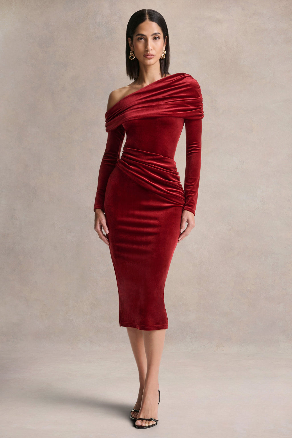 Eirene |  Red Velvet Asymmetric-Neck Midi Dress