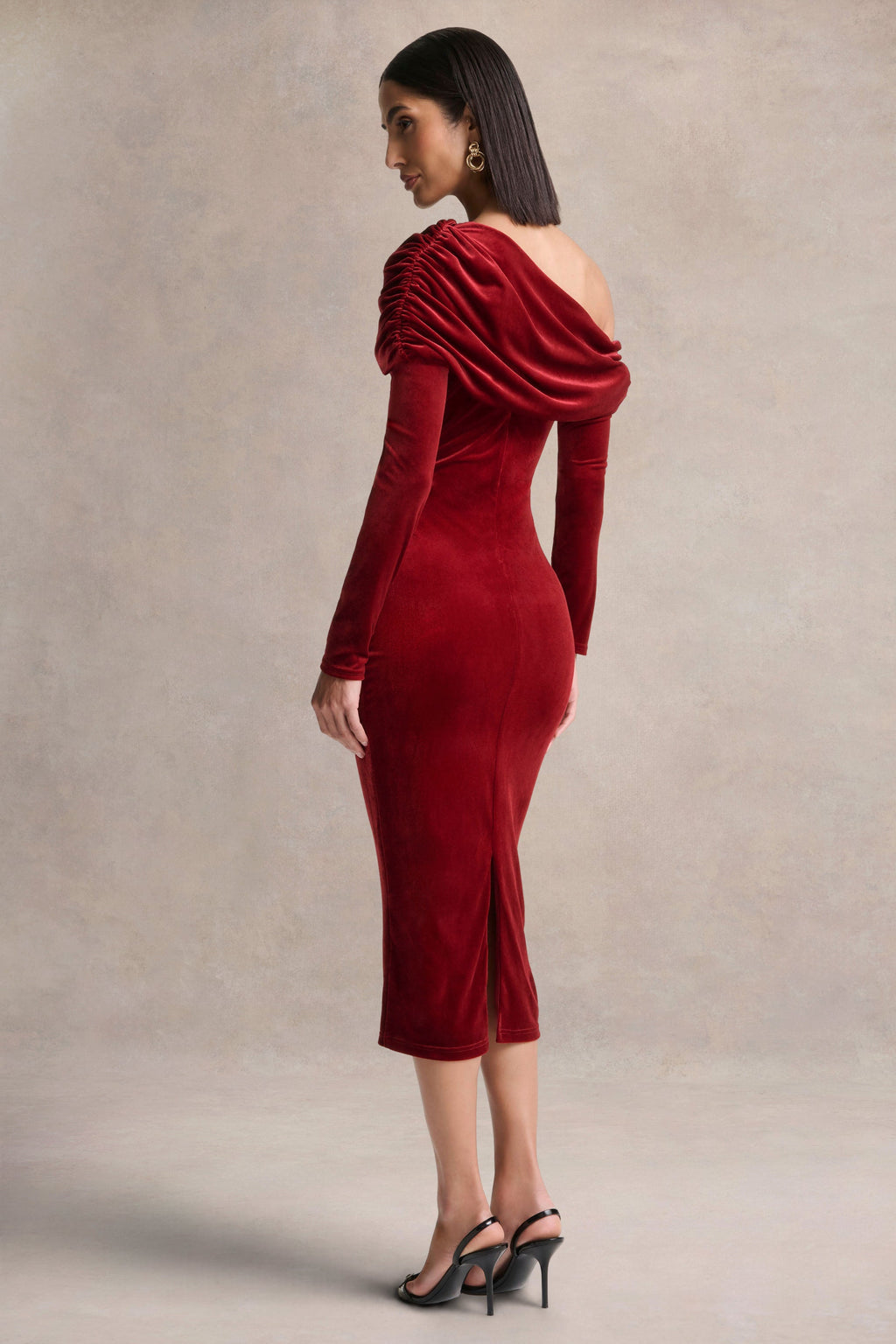 Eirene |  Red Velvet Asymmetric-Neck Midi Dress
