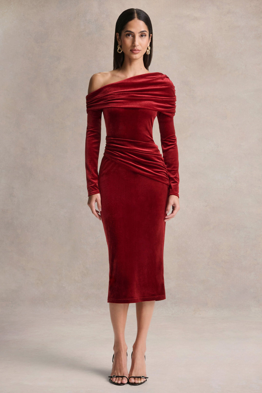 Eirene |  Red Velvet Asymmetric-Neck Midi Dress