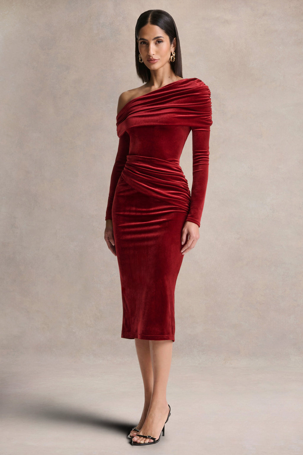 Eirene |  Red Velvet Asymmetric-Neck Midi Dress