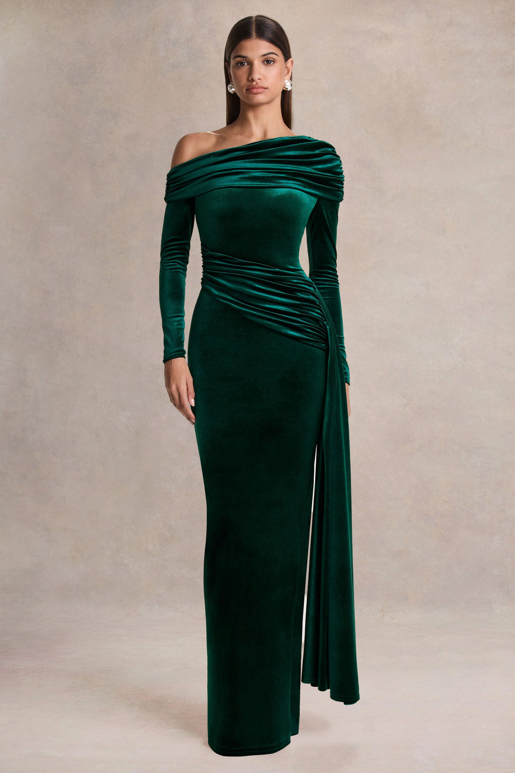 Hadria | Bottle Green Velvet Asymmetric-Neck Maxi Dress With Sash-Detail