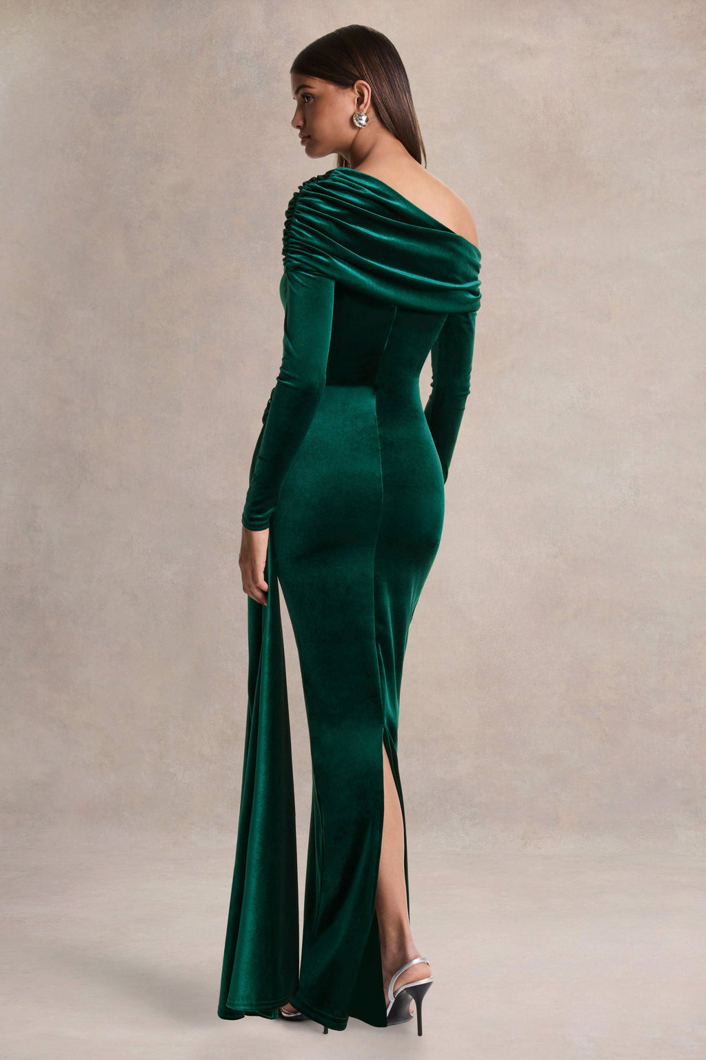 Hadria | Bottle Green Velvet Asymmetric-Neck Maxi Dress With Sash-Detail