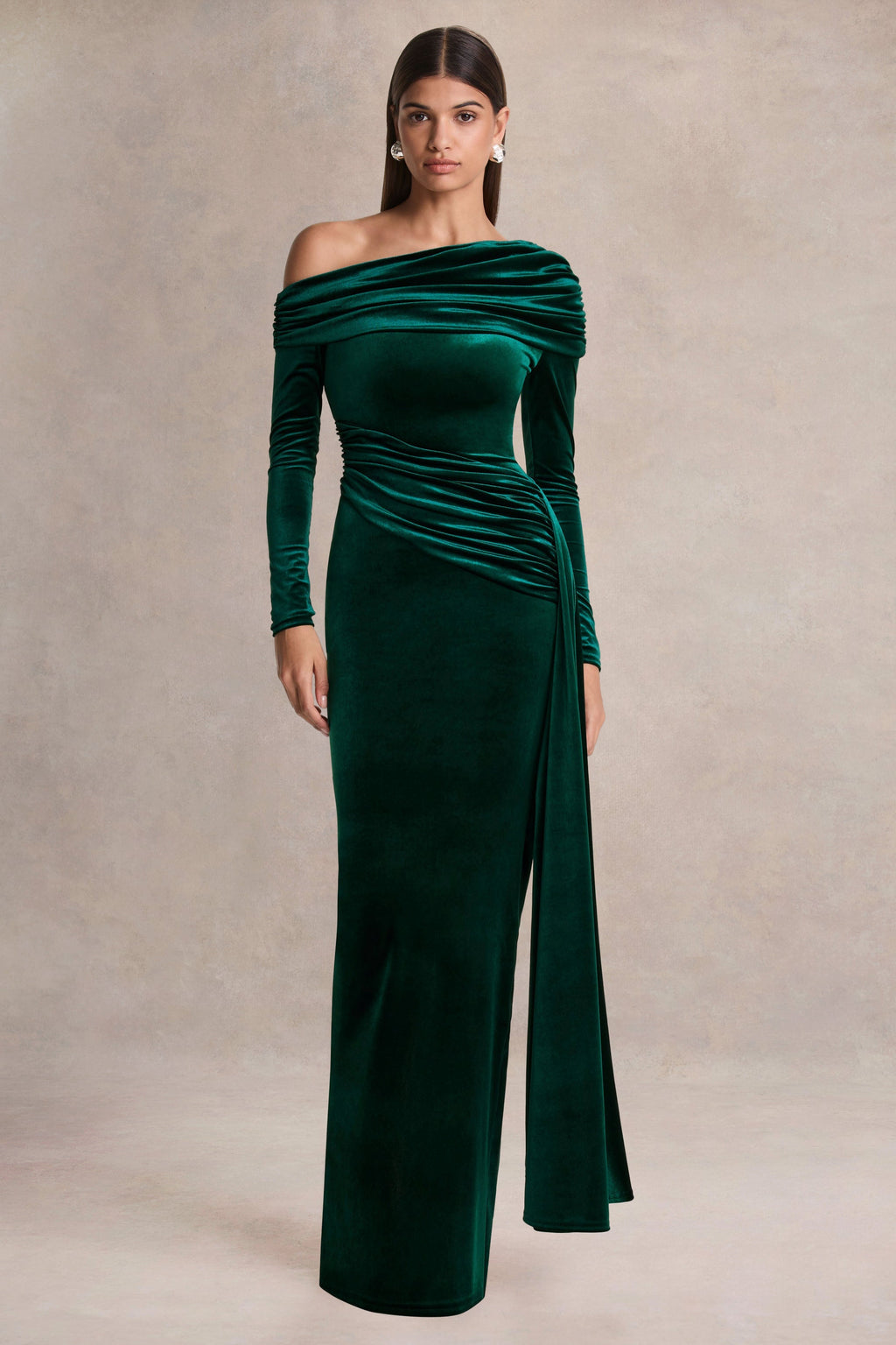 Hadria | Bottle Green Velvet Asymmetric-Neck Maxi Dress With Sash-Detail