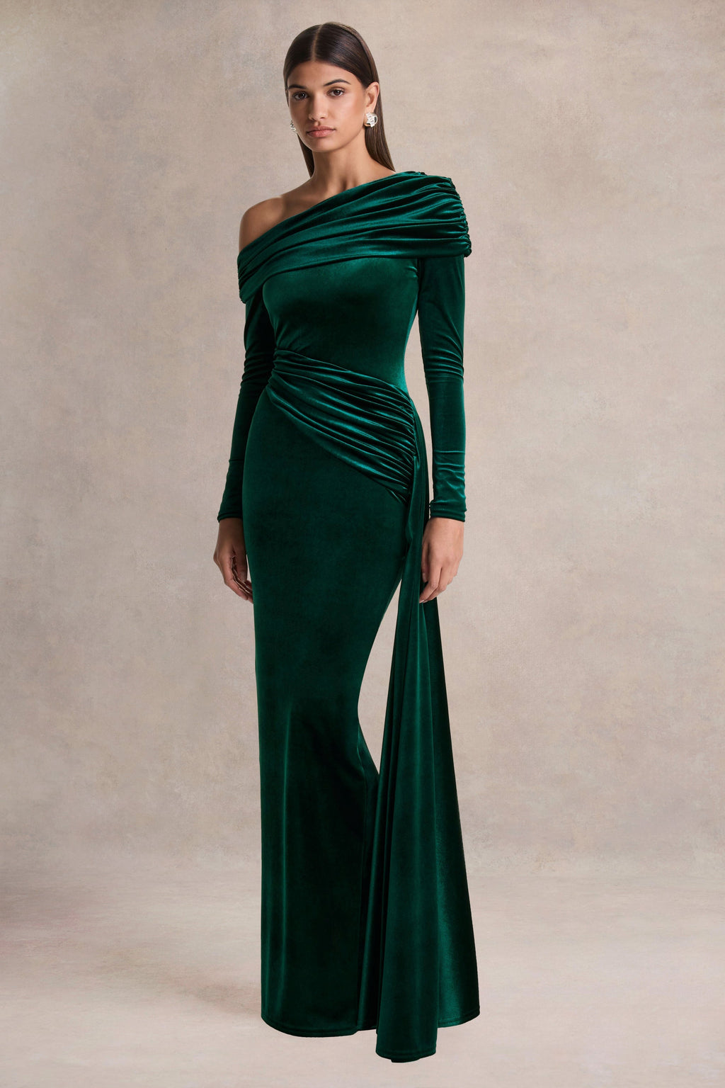 Hadria | Bottle Green Velvet Asymmetric-Neck Maxi Dress With Sash-Detail