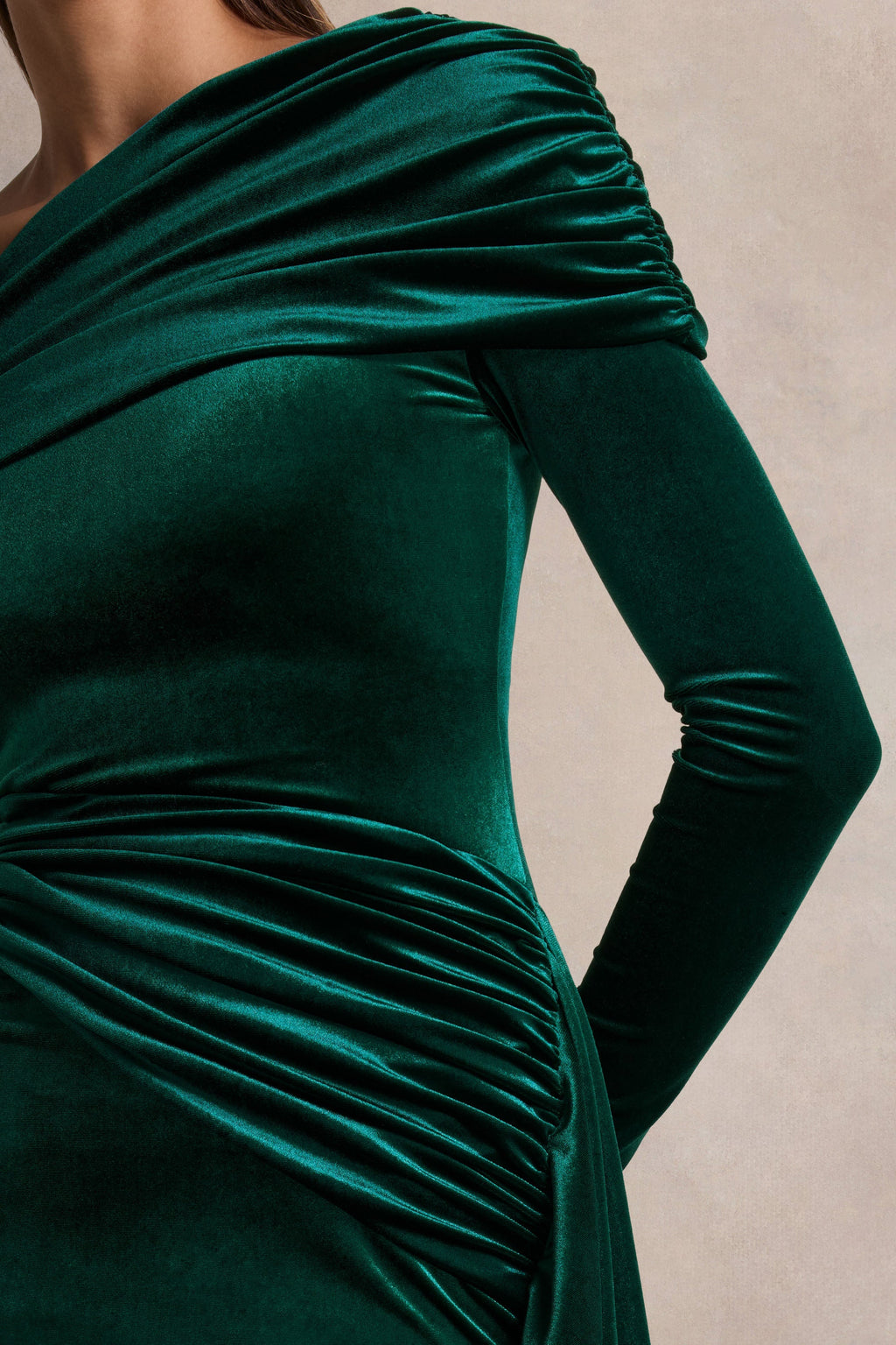 Hadria | Bottle Green Velvet Asymmetric-Neck Maxi Dress With Sash-Detail