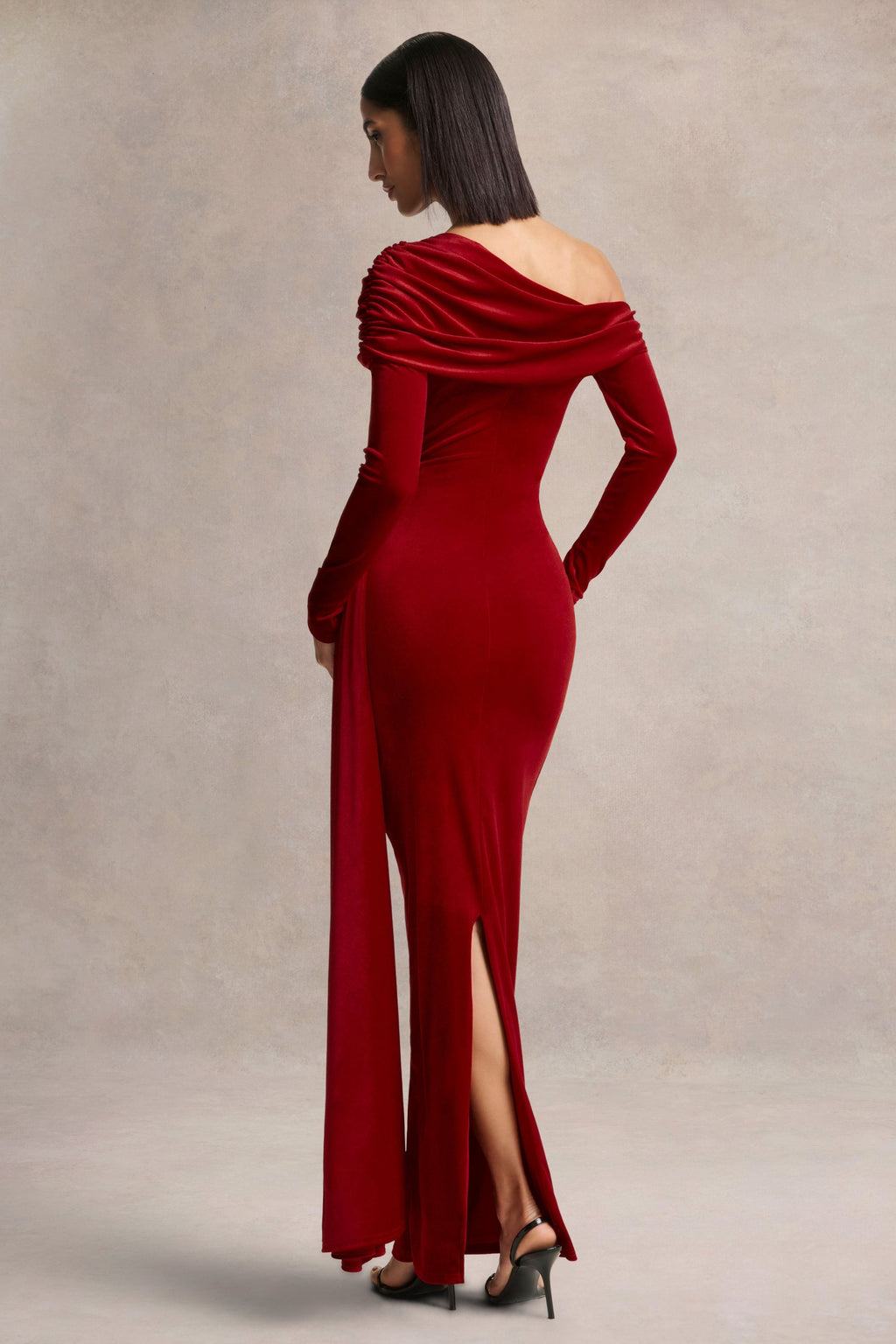 Hadria | Red Velvet Asymmetric-Neck Maxi Dress With Sash-Detail