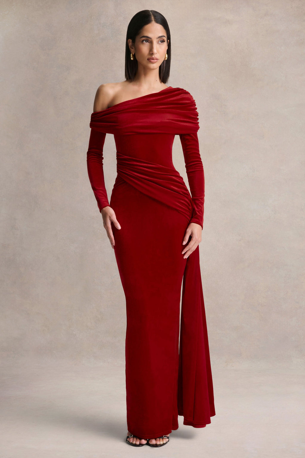 Hadria | Red Velvet Asymmetric-Neck Maxi Dress With Sash-Detail