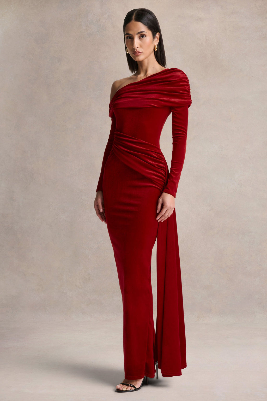 Hadria | Red Velvet Asymmetric-Neck Maxi Dress With Sash-Detail