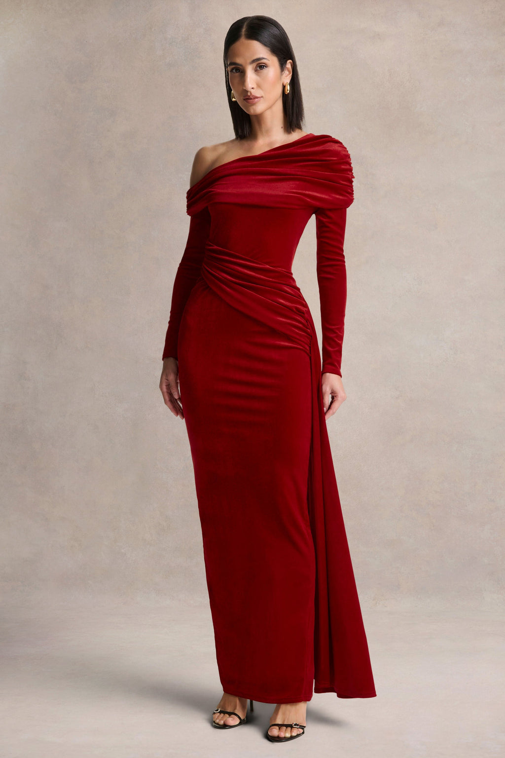 Hadria | Red Velvet Asymmetric-Neck Maxi Dress With Sash-Detail