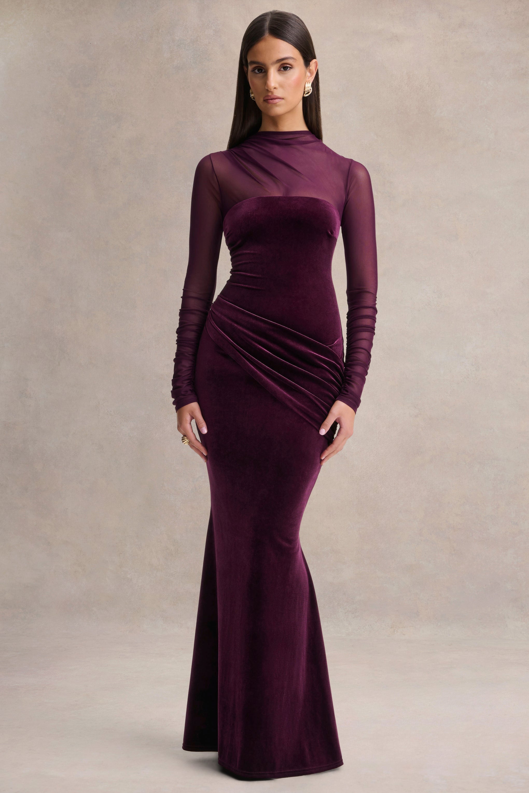 Cambria | Plum Velvet High-Neck Maxi Dress With Draped-Detailing