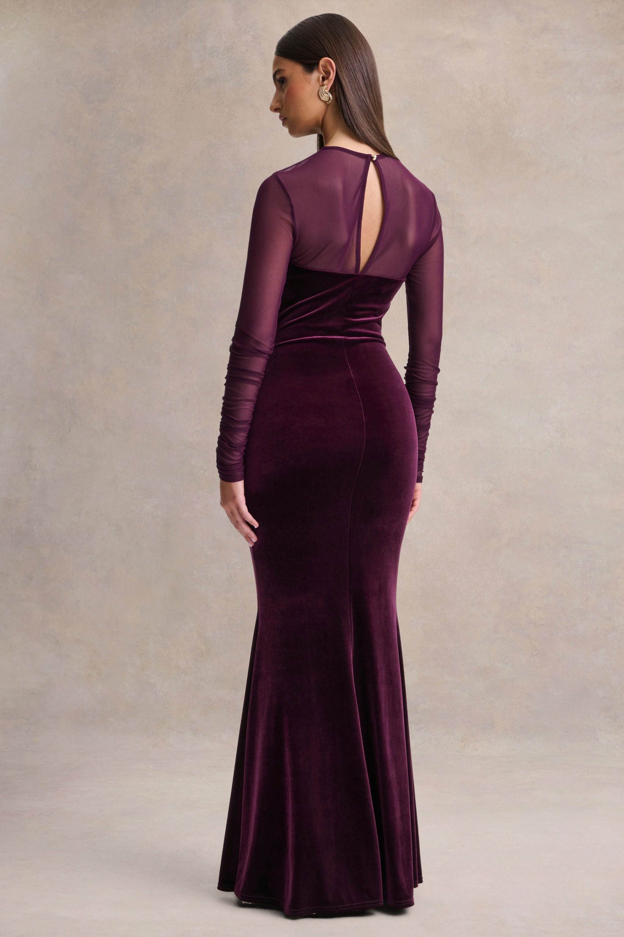 Cambria | Plum Velvet High-Neck Maxi Dress With Draped-Detailing