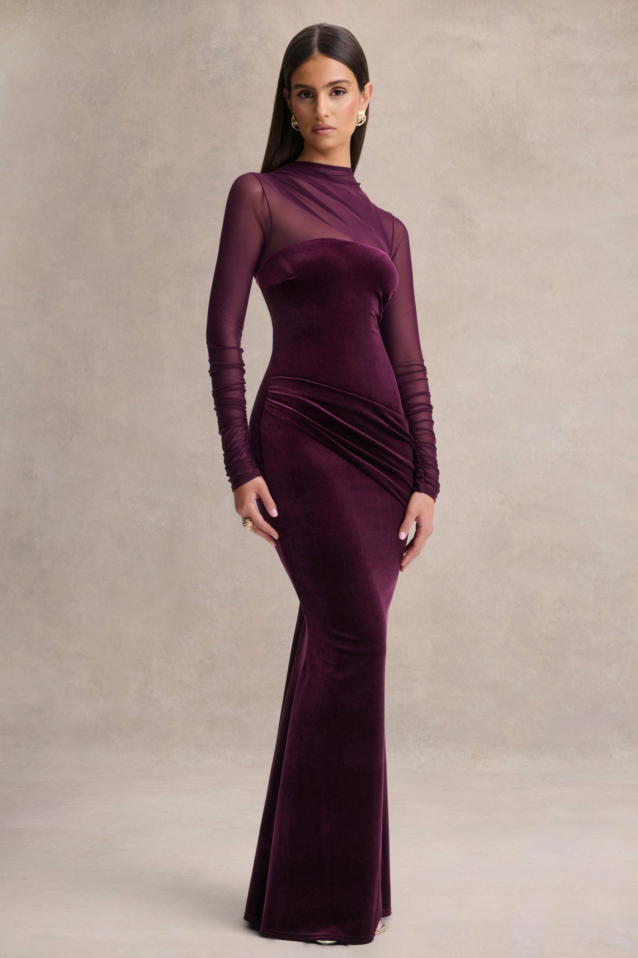 Cambria | Plum Velvet High-Neck Maxi Dress With Draped-Detailing