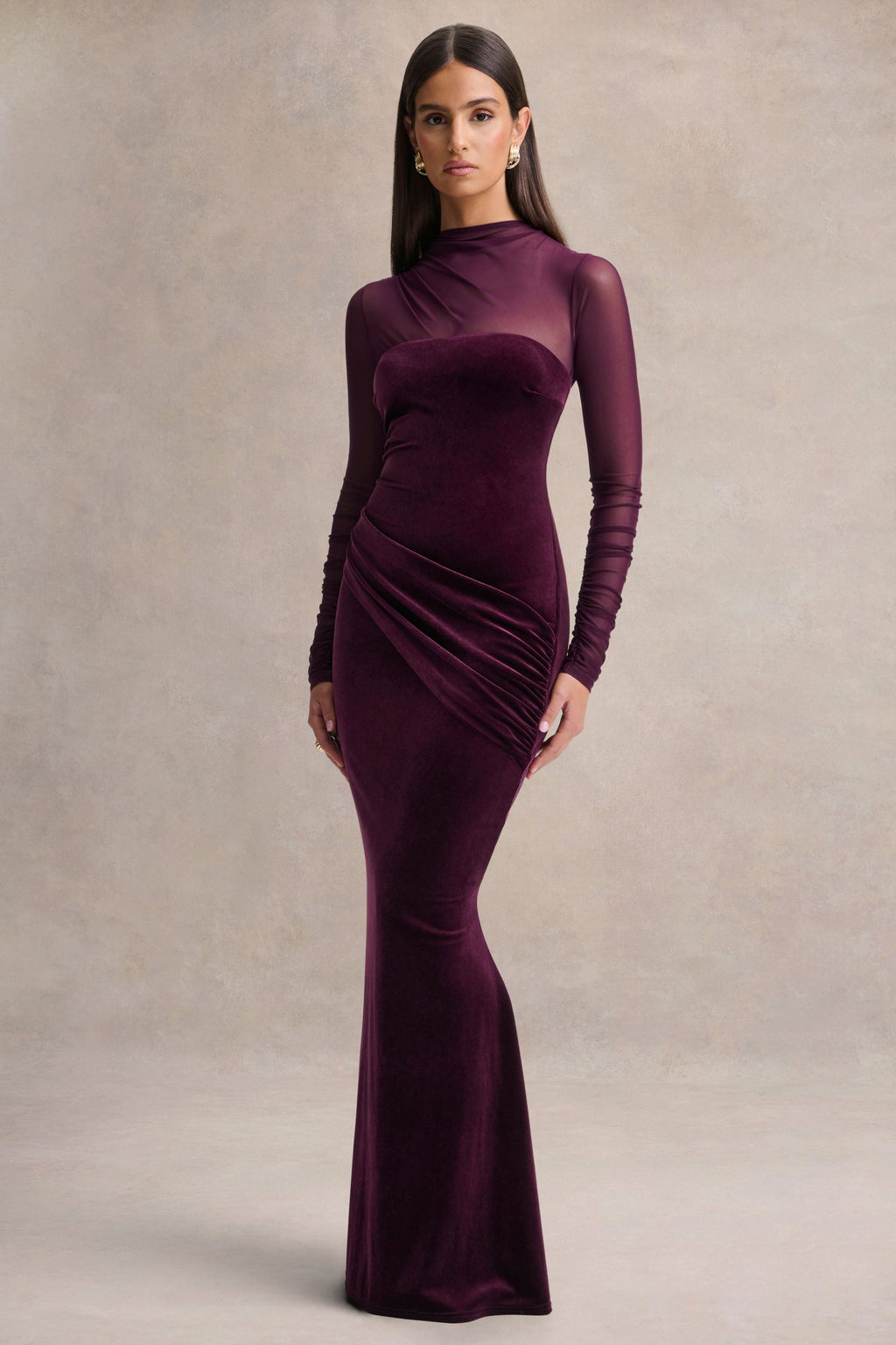 Cambria | Plum Velvet High-Neck Maxi Dress With Draped-Detailing