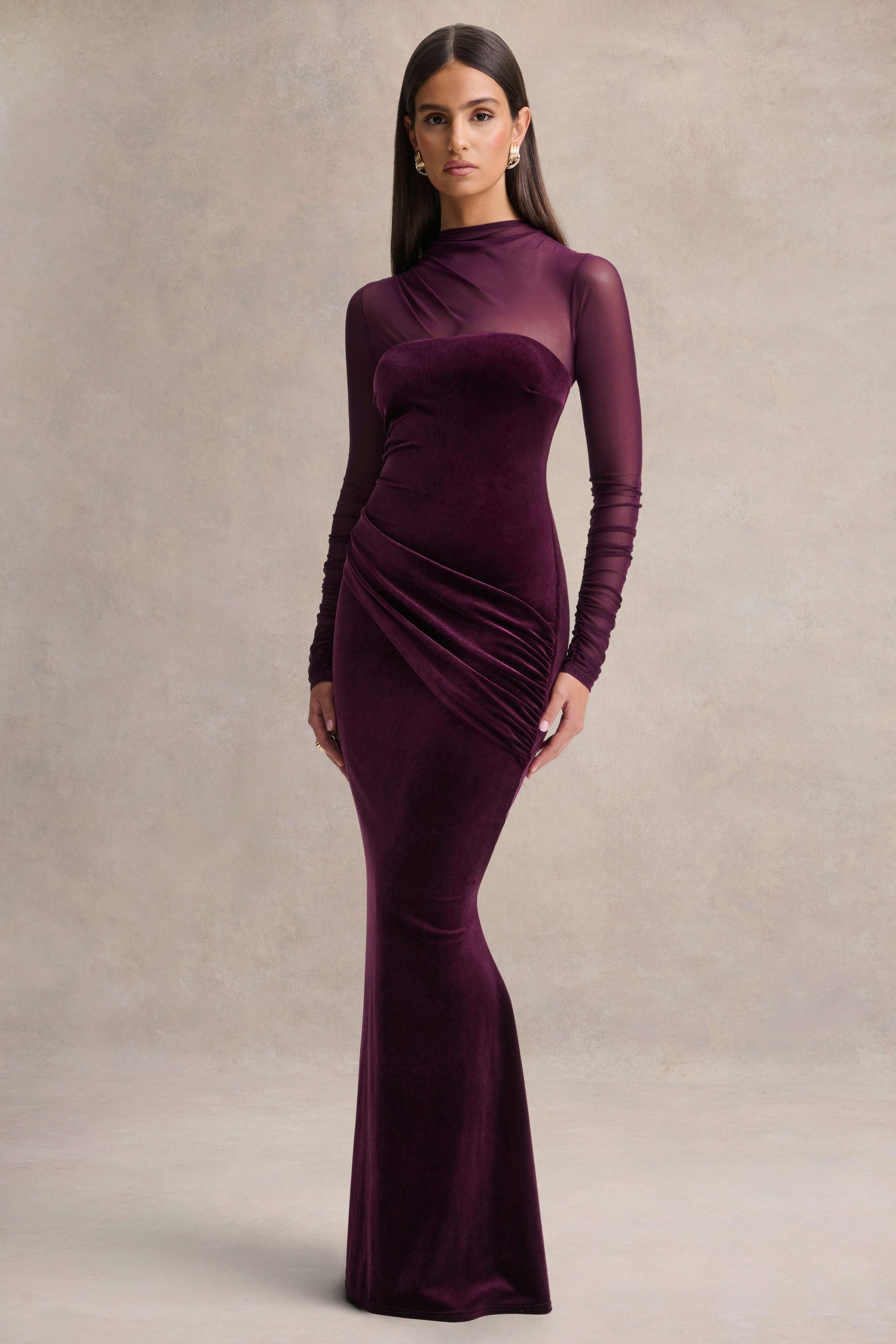 Cambria | Plum Velvet High-Neck Maxi Dress With Draped-Detailing