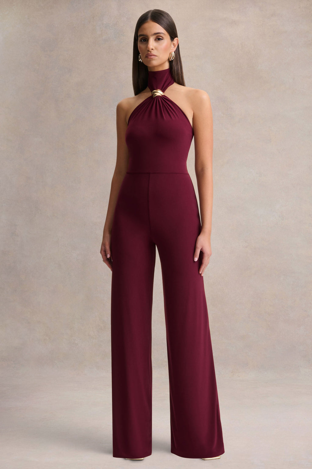 Gwen | Burgundy High-Neck Jumpsuit With Gold-Detail