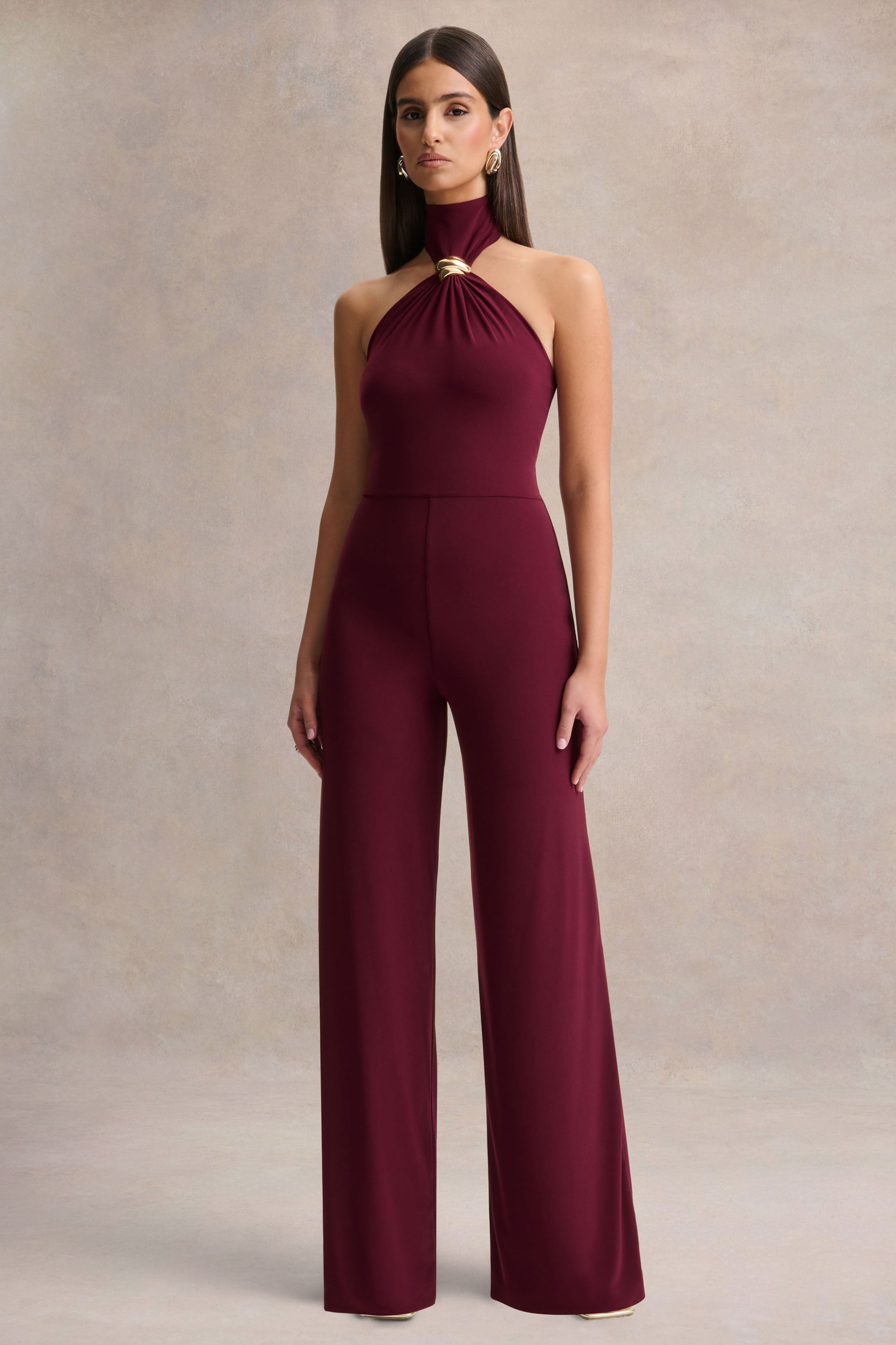 Gwen | Burgundy High-Neck Jumpsuit With Gold-Detail