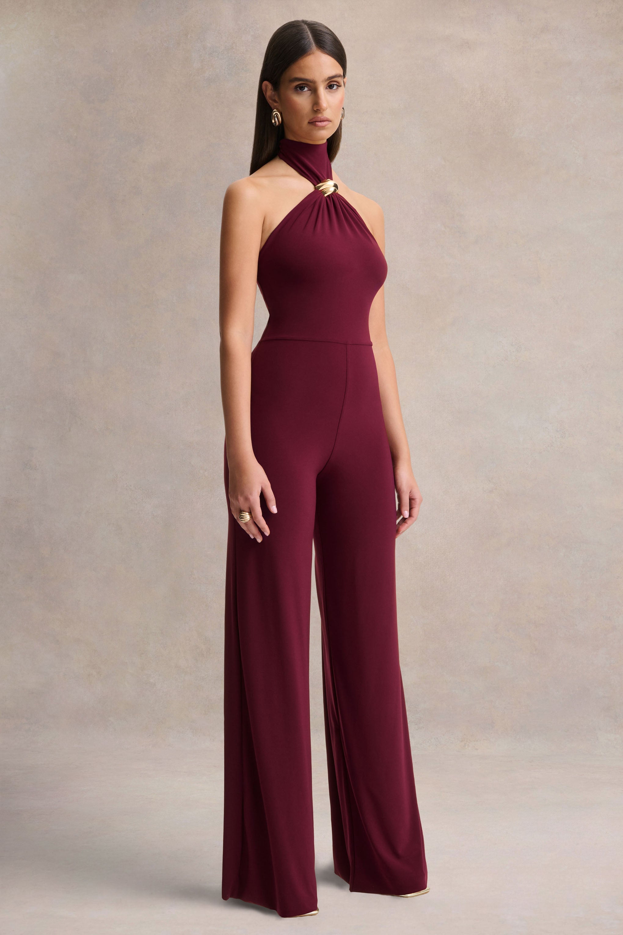 Gwen | Burgundy High-Neck Jumpsuit With Gold-Detail