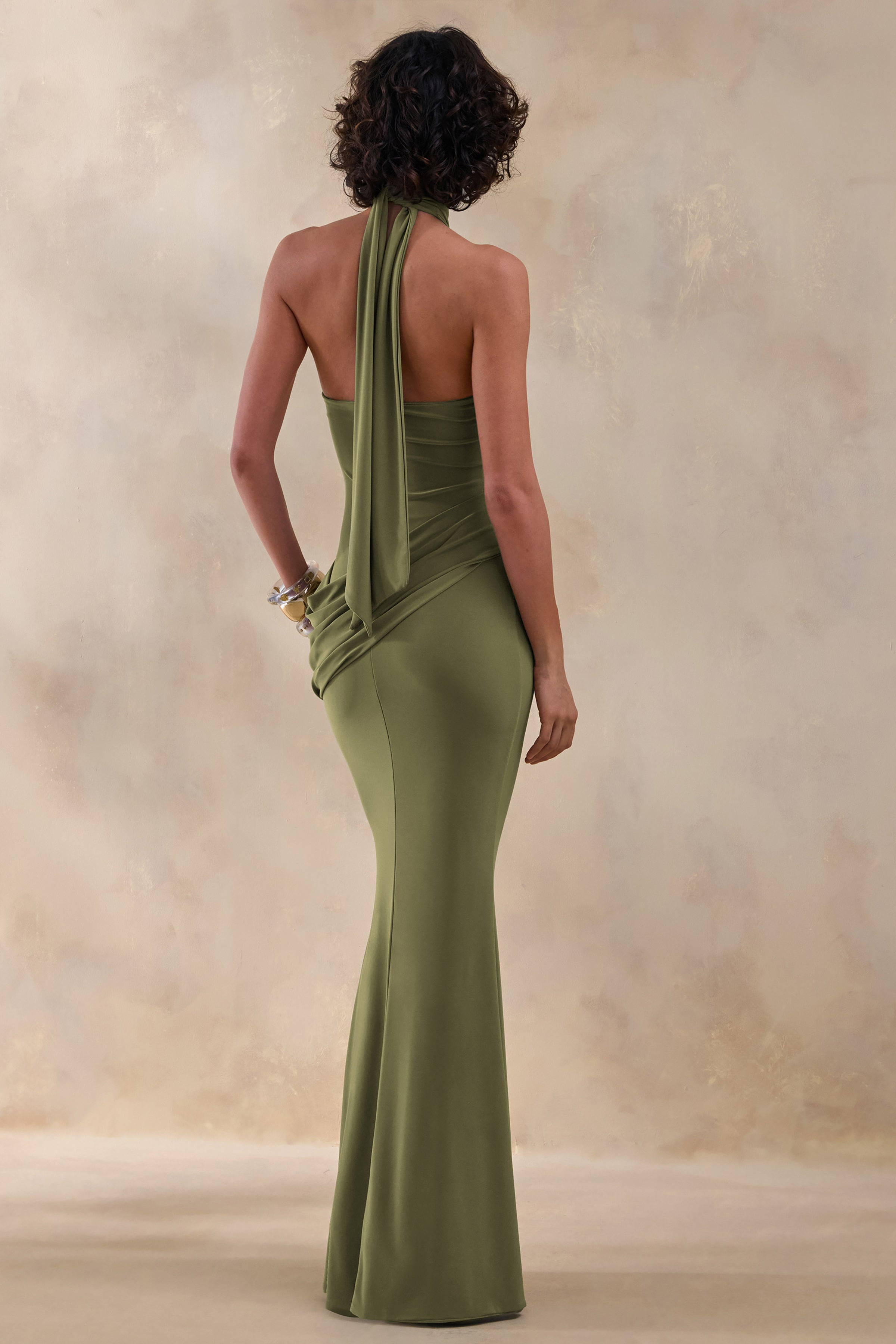 Polina | Olive High-Neck Maxi Dress With Drape And Gold-Detail