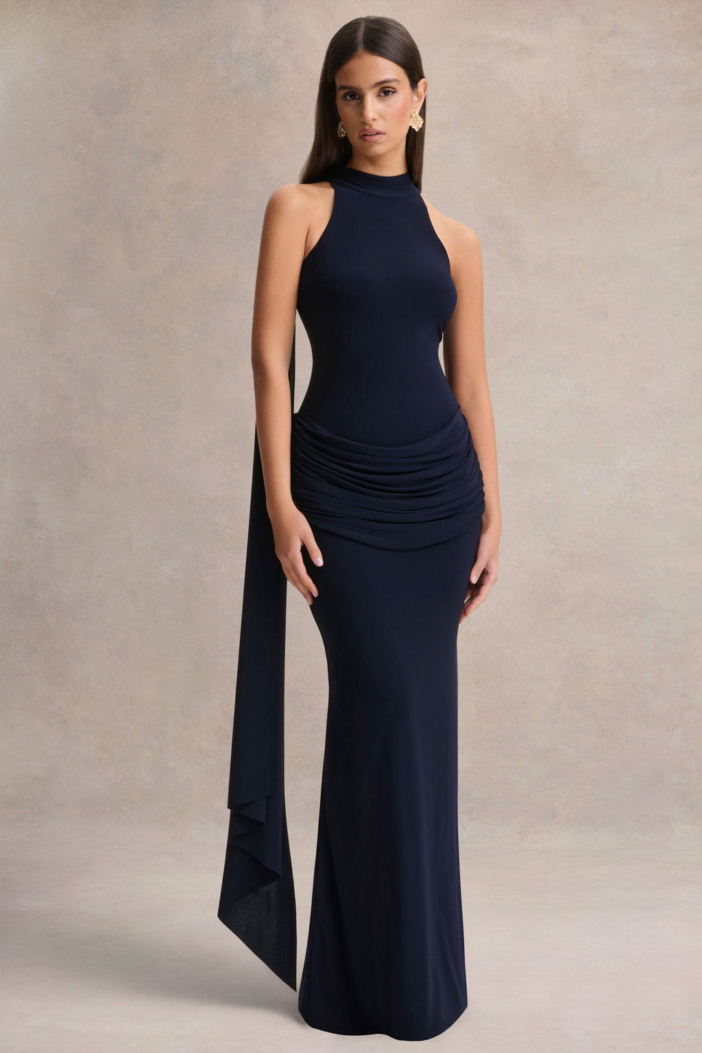 Hesperia | Navy High-Neck Maxi Dress With Draped-Detailing And Scarf
