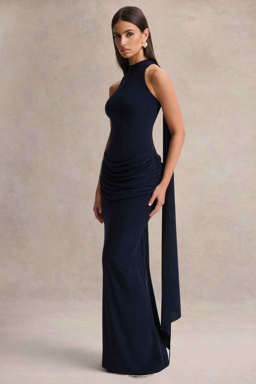 Hesperia | Navy High-Neck Maxi Dress With Draped-Detailing And Scarf
