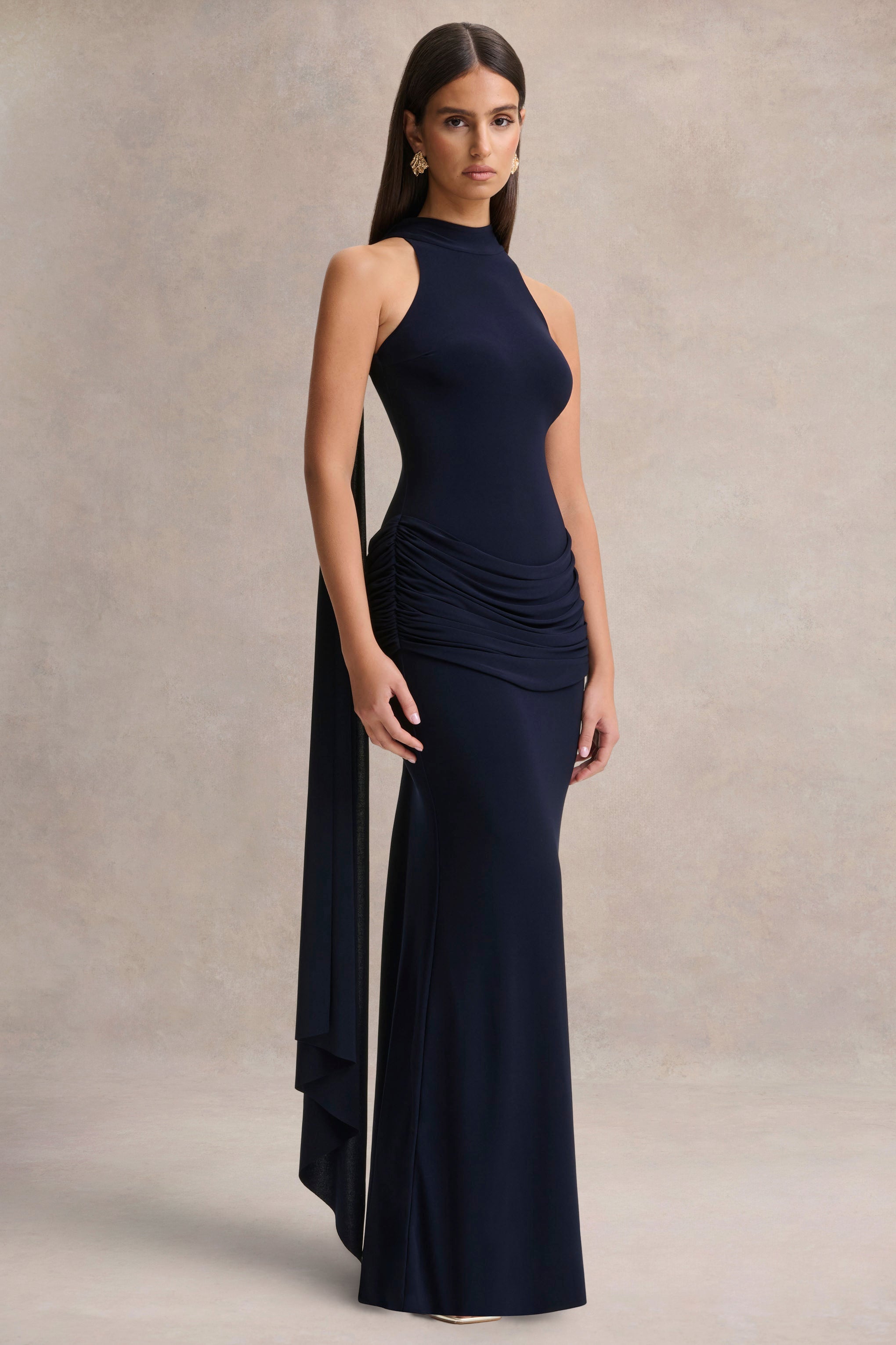 Hesperia | Navy High-Neck Maxi Dress With Draped-Detailing And Scarf