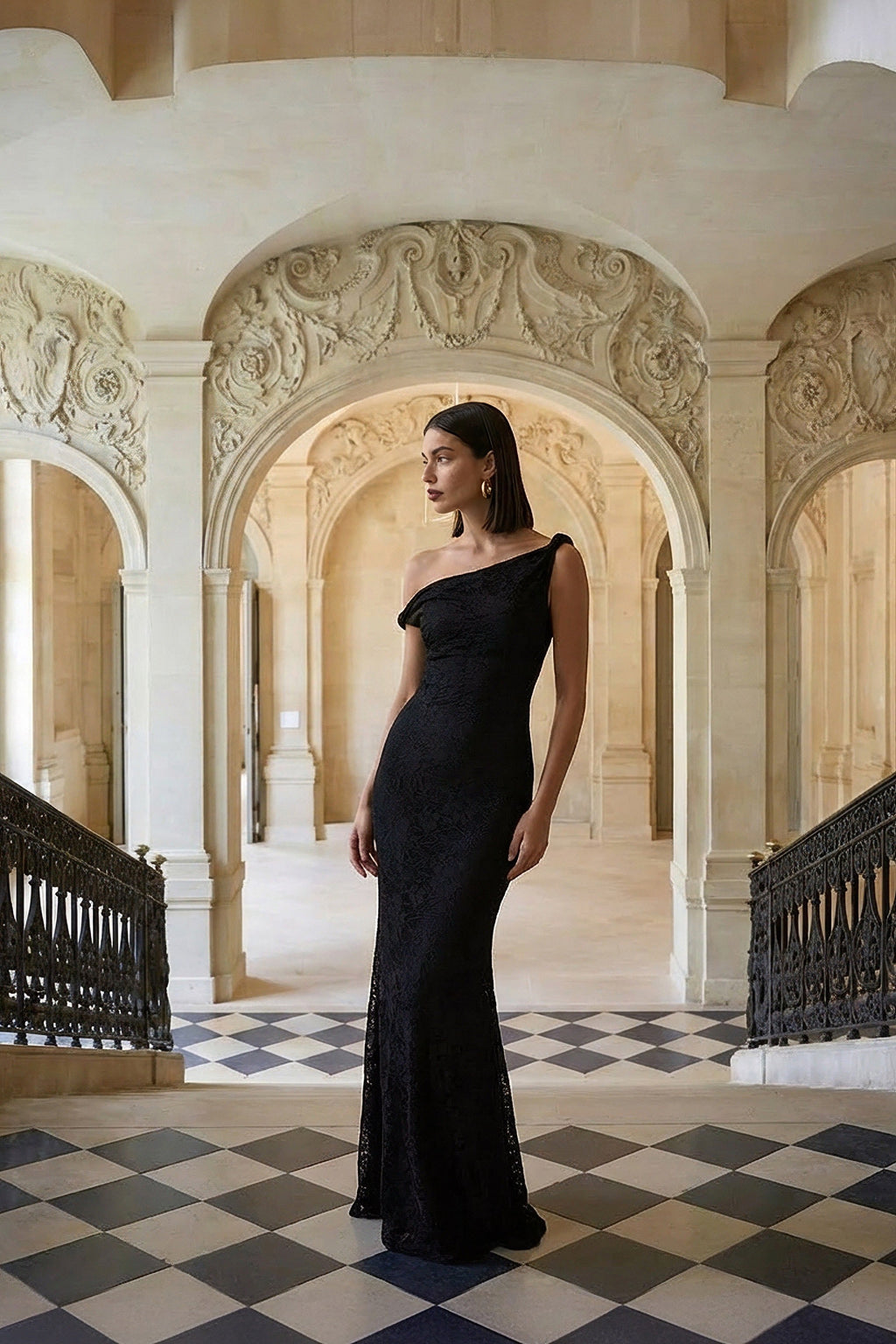 Afina | Black Lace Asymmetric-Neck Maxi Dress