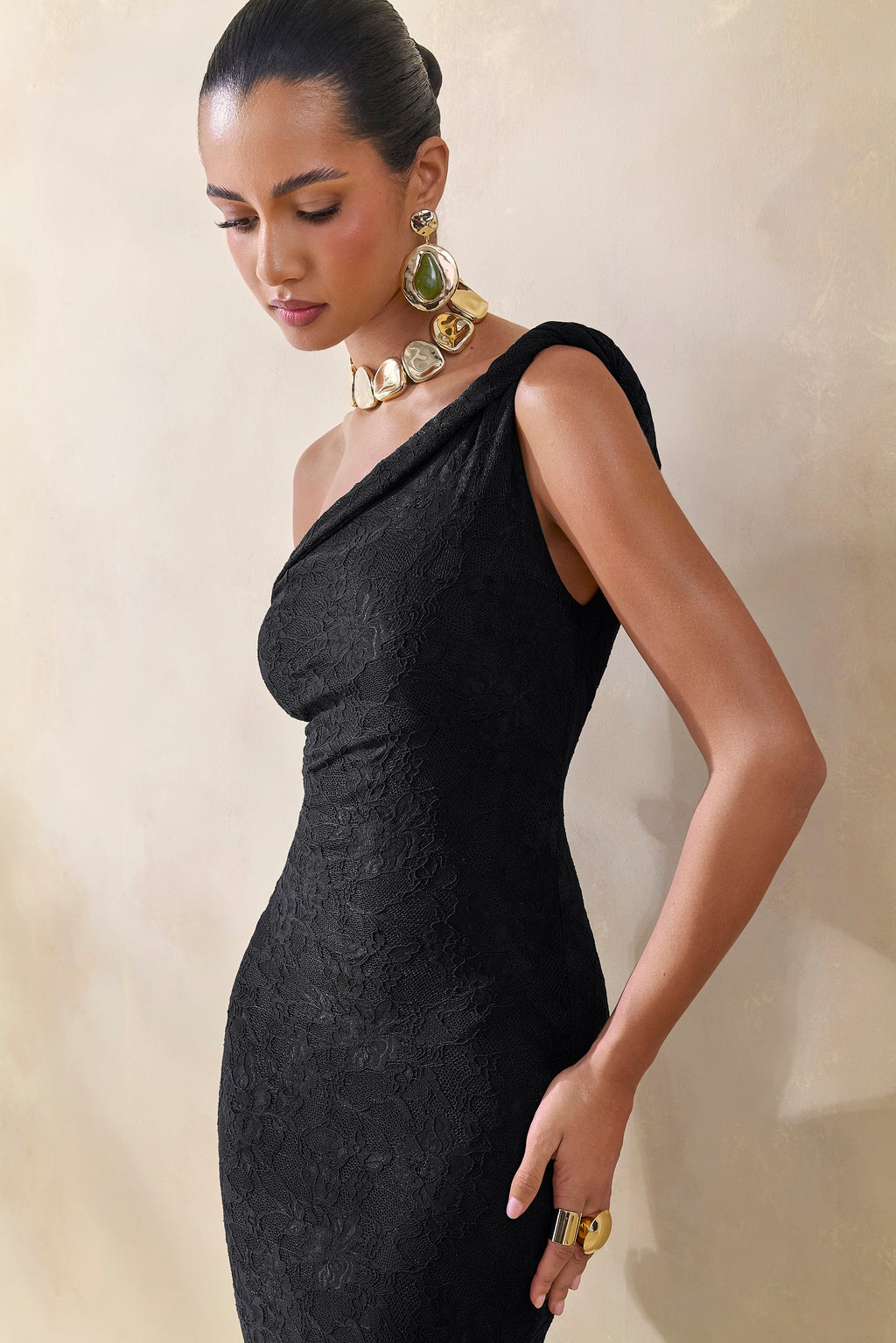 Afina | Black Lace Asymmetric-Neck Maxi Dress