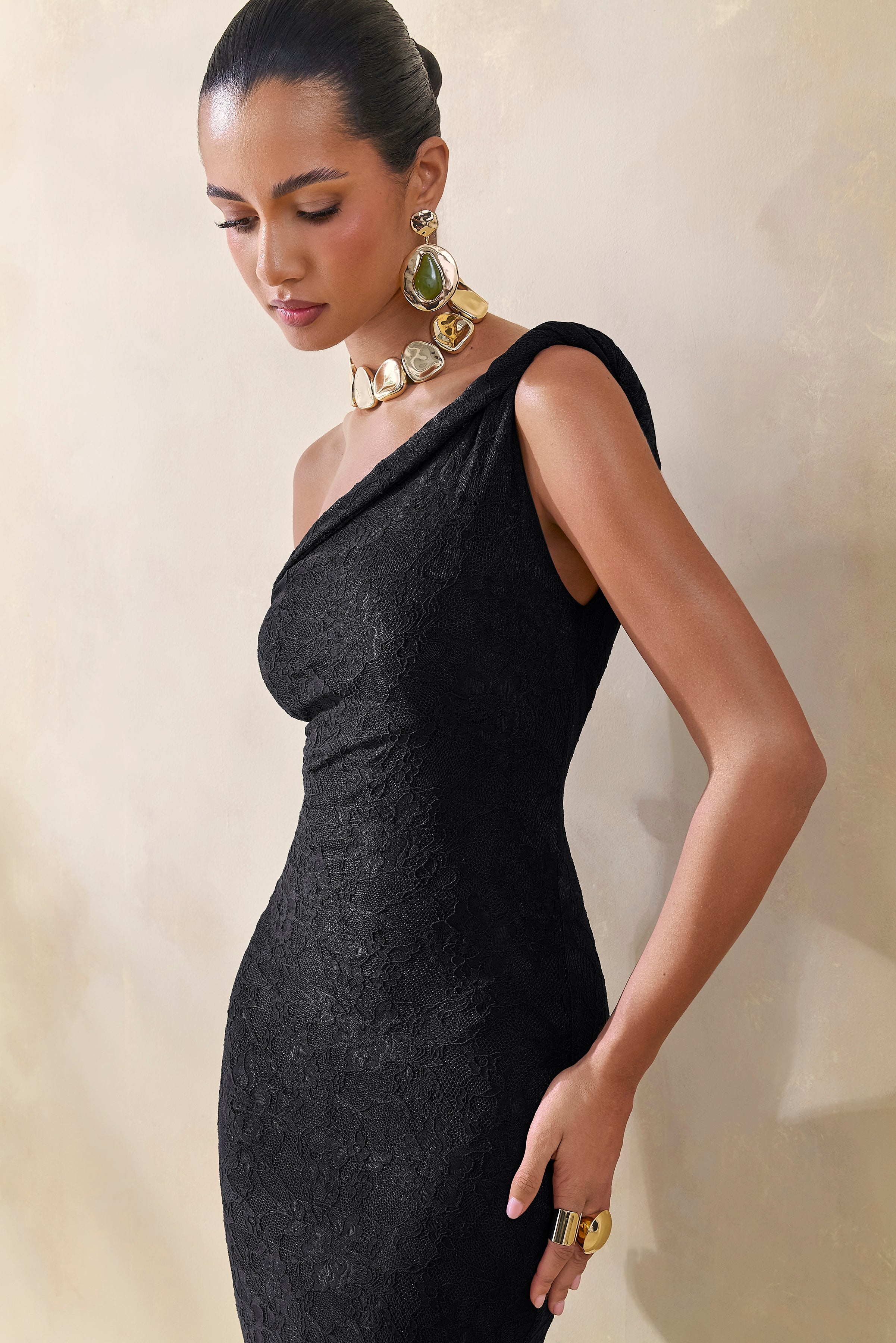Afina | Black Lace Asymmetric-Neck Maxi Dress