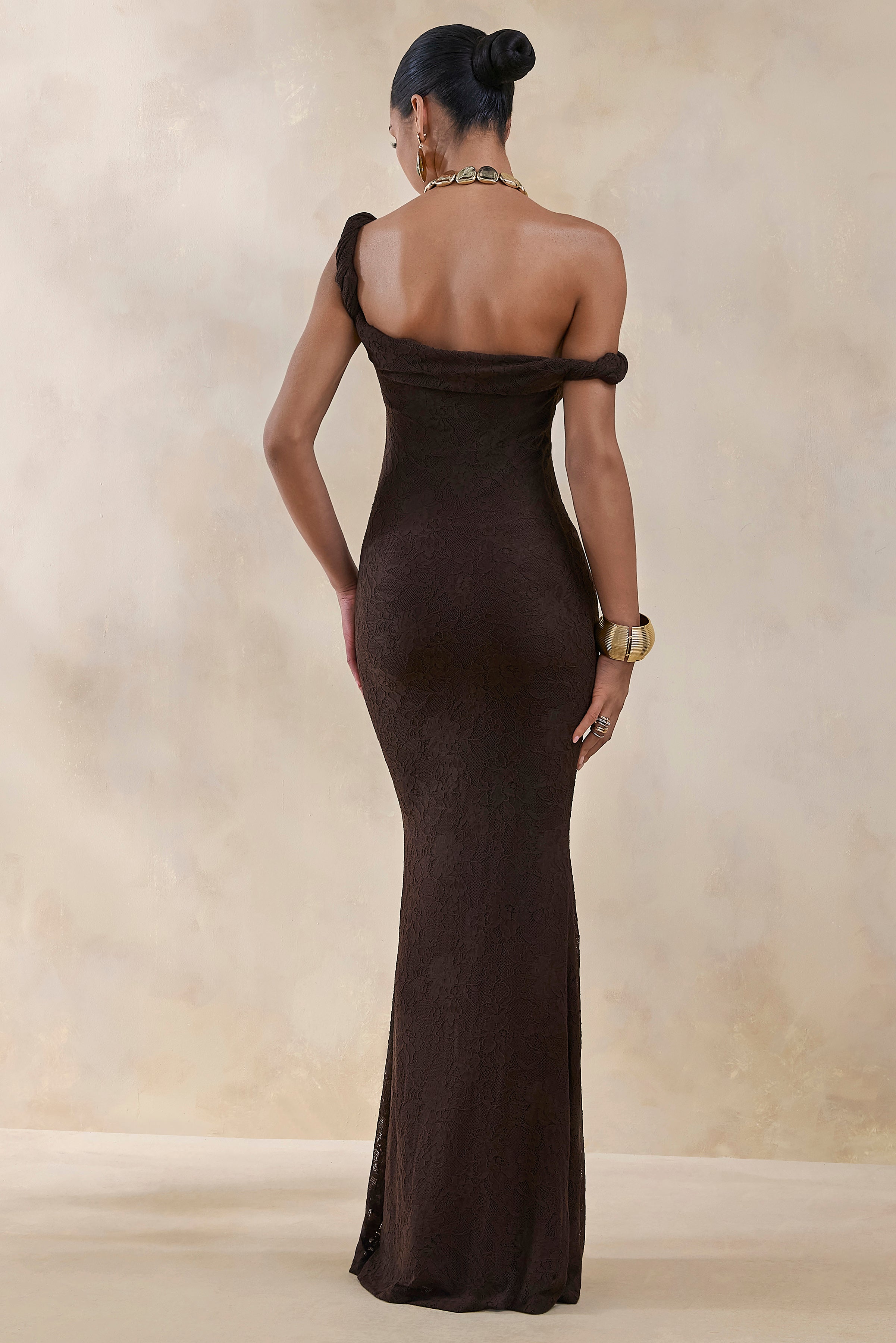 Afina | Brown Lace Asymmetric-Neck Maxi Dress