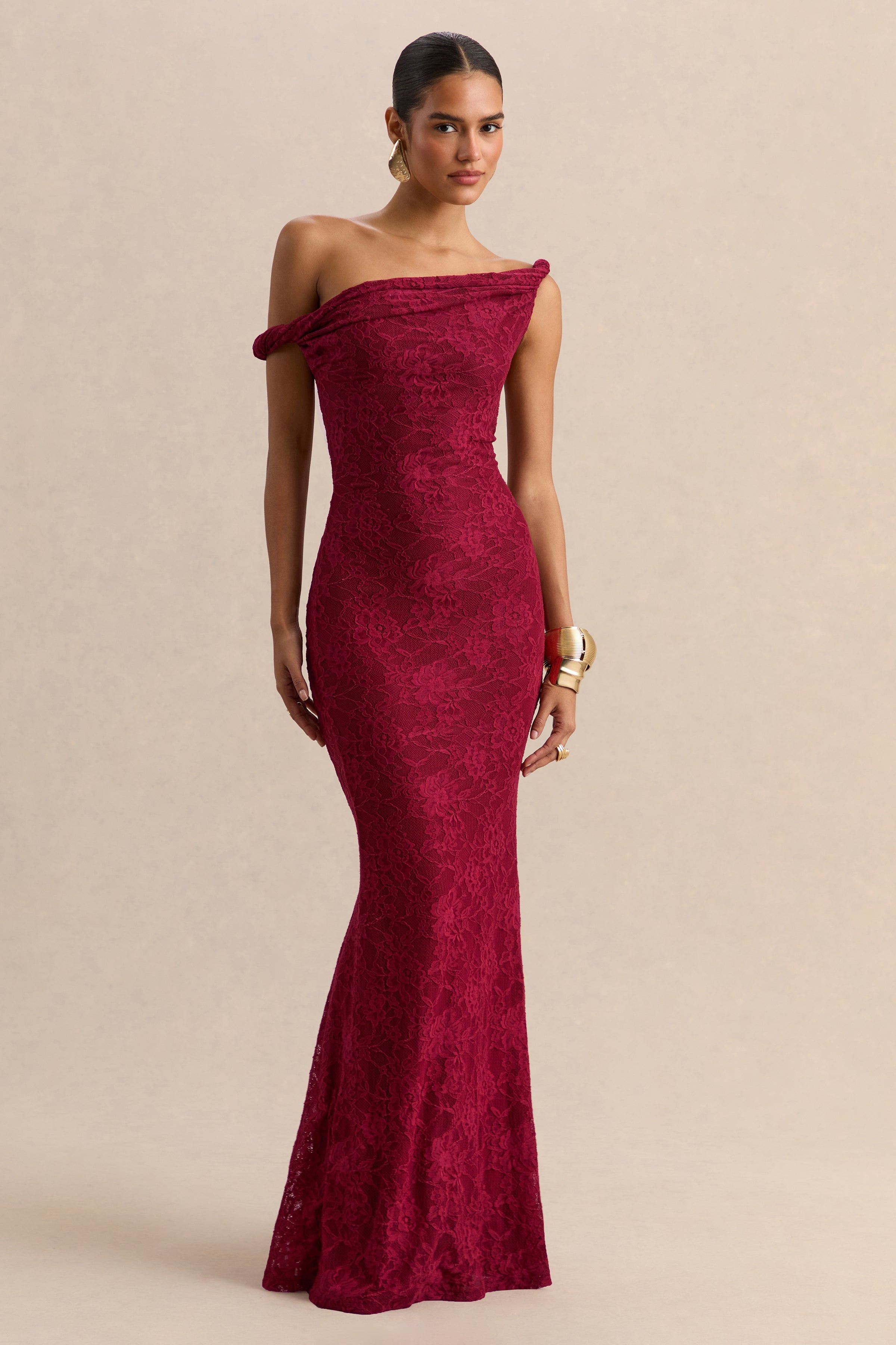 Afina | Burgundy Lace Asymmetric-Neck Maxi Dress