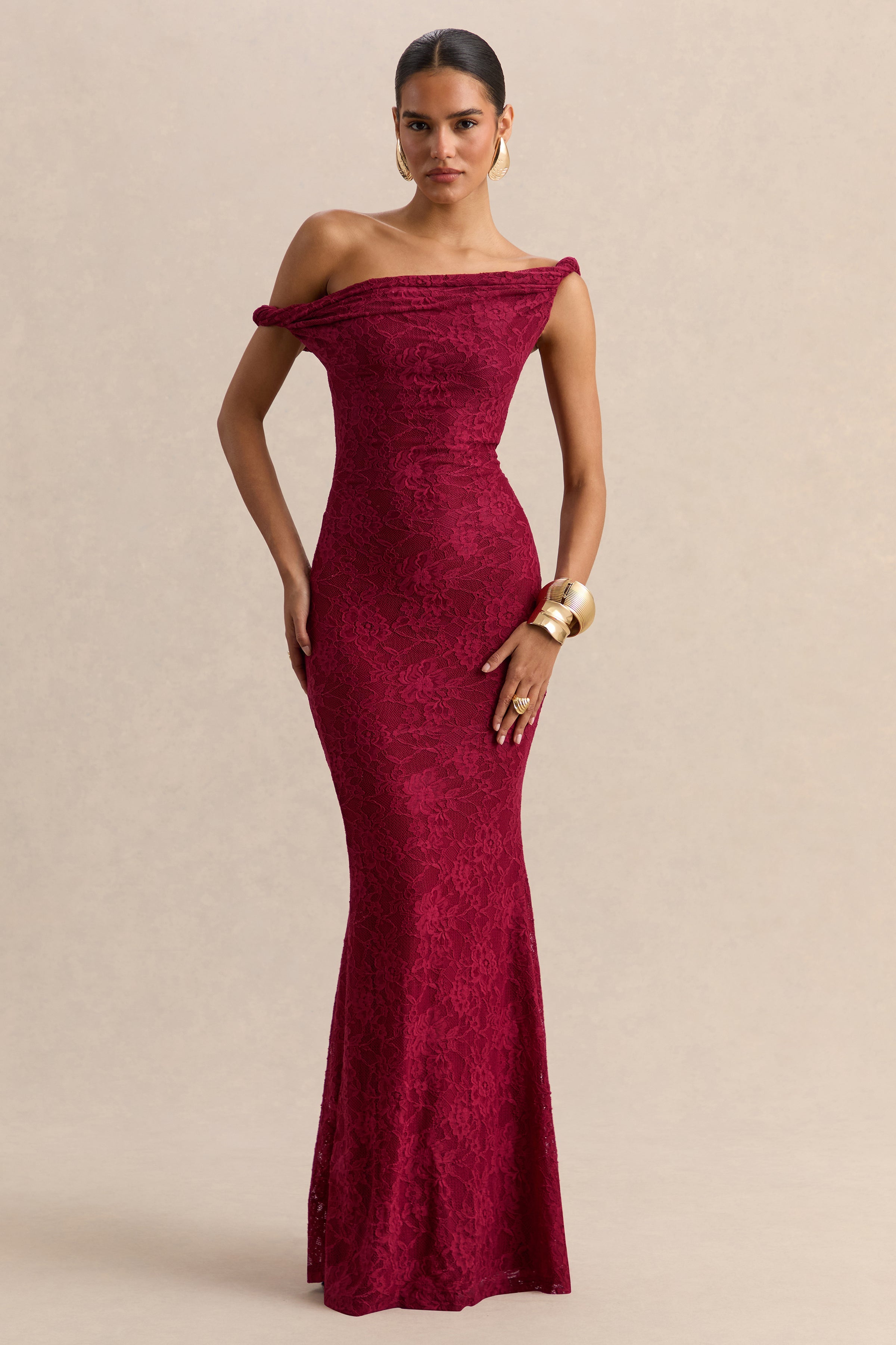 Afina | Burgundy Lace Asymmetric-Neck Maxi Dress